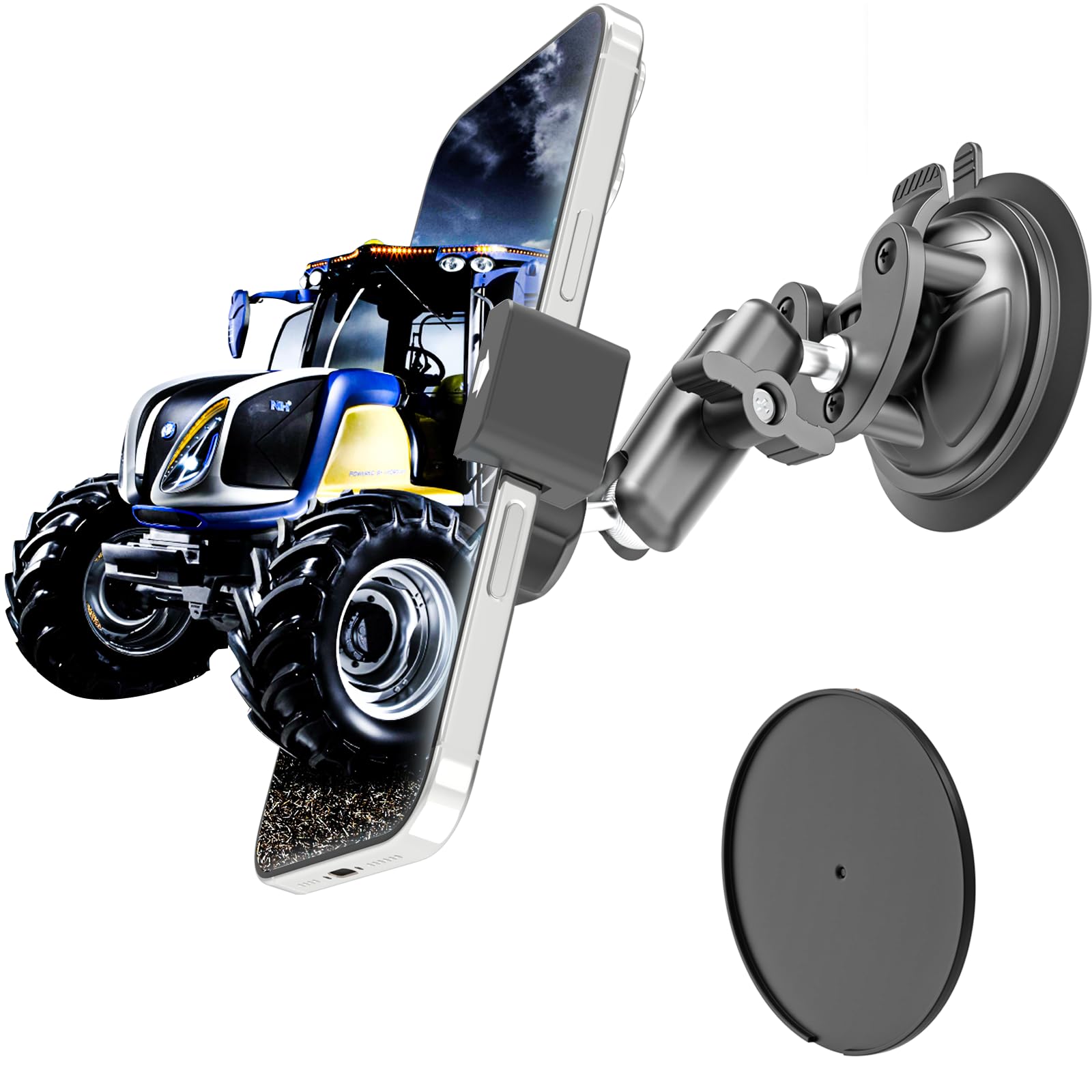 Charchendo Support de téléphone pour pare-brise de tracteur [bras en métal antichoc], support de téléphone pour chariot élévateur/machine agricole/bateau, compatible avec iPhone 16 15 14 13 12 Pro