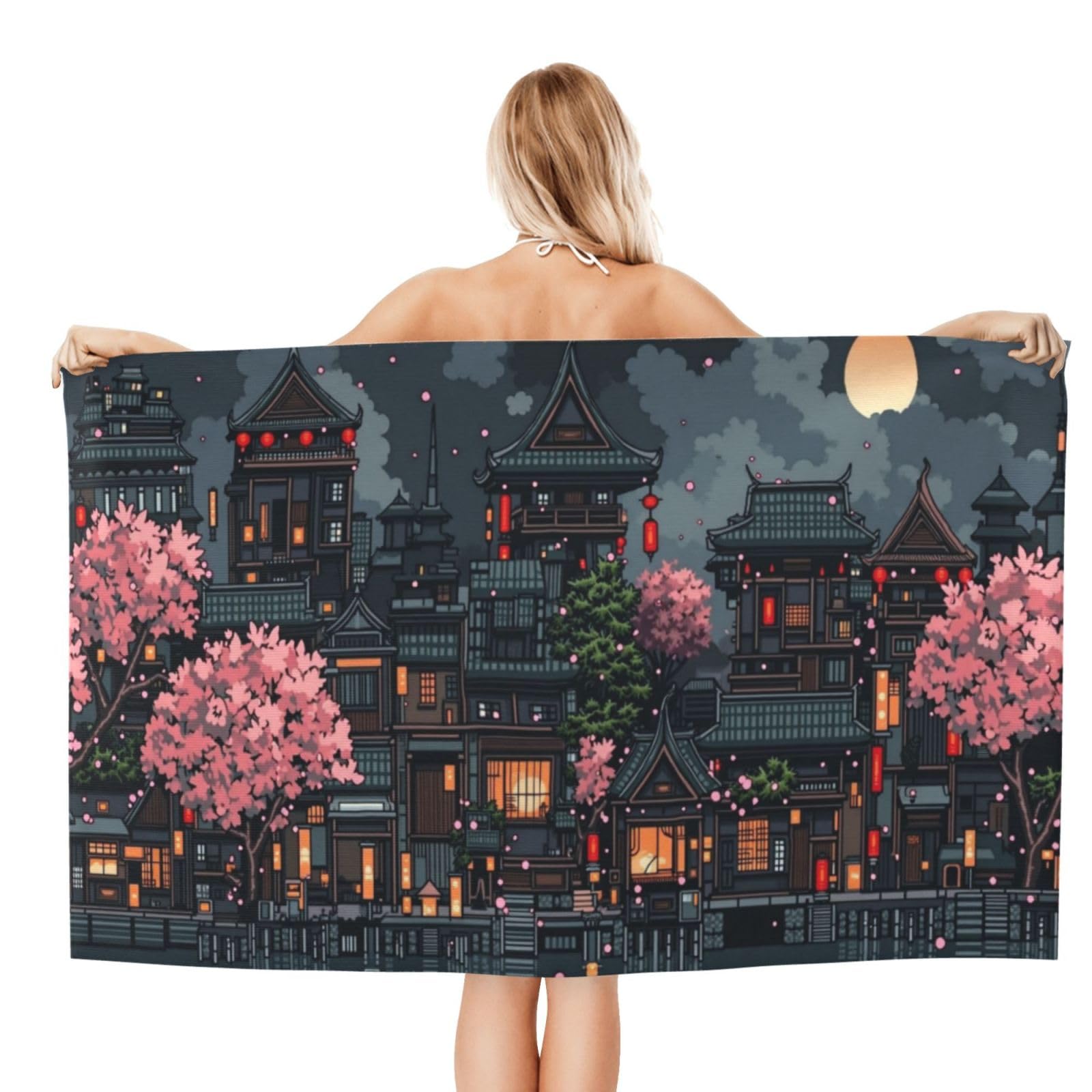 Anceky Beach Towel for Women, Oriental Night Scene Sand-Free Microfiber Ultra Soft Lightweight Bath Towels for Outdoor Bathroom Swimming 32"X52"