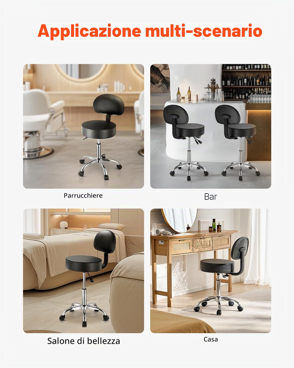 VEVOR Sgabello Girevole con Supporto per Schiena e Ruote, Capacità 204 kg, Sgabello Girevole Rotondo in Pelle, Sgabello Ispessita Regolabile in Altezza per Salone Spa Massaggi Clinica, Nero
