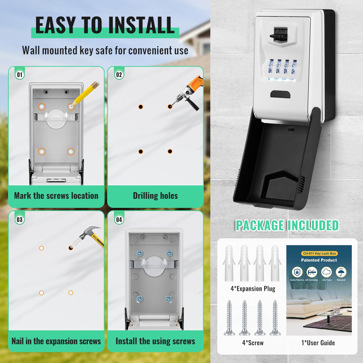 Boîte à clés pour l'extérieur avec cadrans lumineux – Robuste et étanche – Boîte de rangement murale pour clés de maison – Code réinitialisable sûr de sécurité extérieur grande capacité