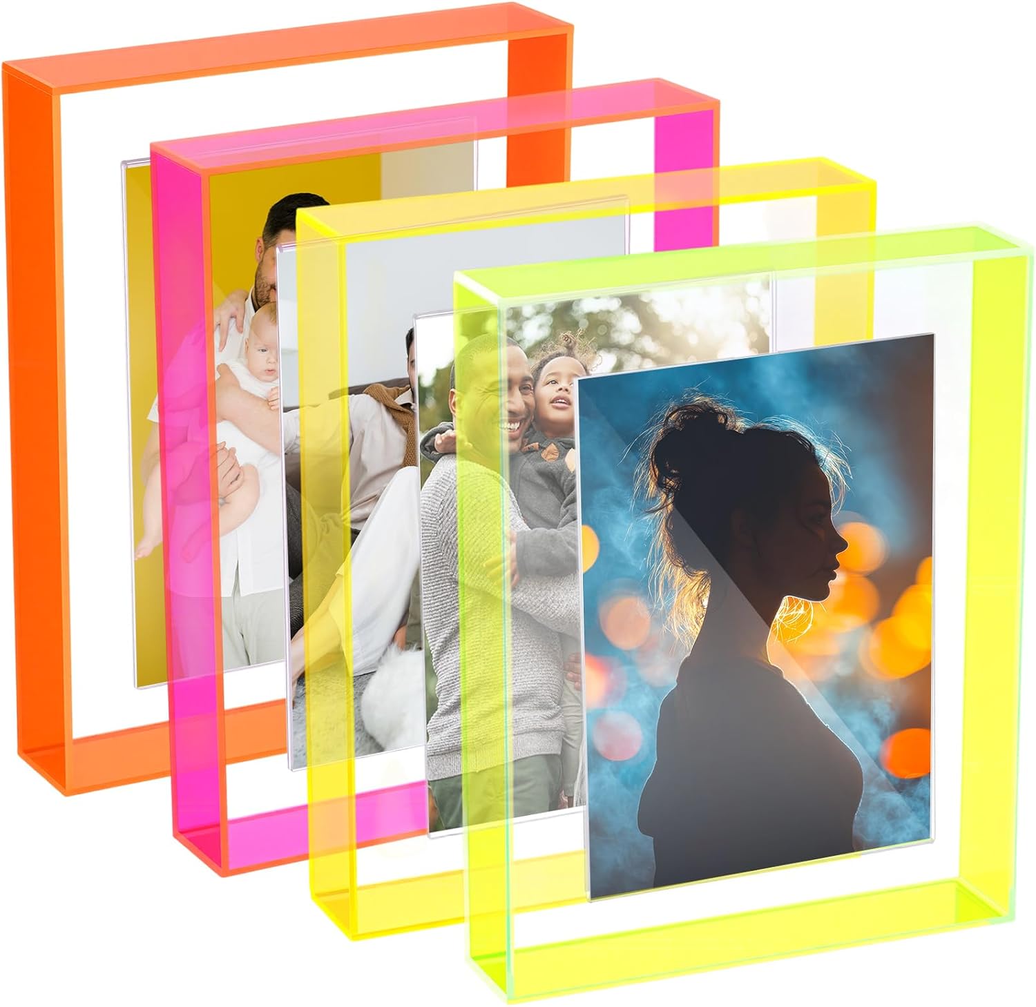 Kathfly 4 Pcs 5x7 Floating Picture Frame Acrylic Frames for Wall Mounted or Tabletop Standing Decorative Magnetic Photo Frames Neon Translucent Hanging Frame, Display Photo up to 7x9 (Bright Colors)