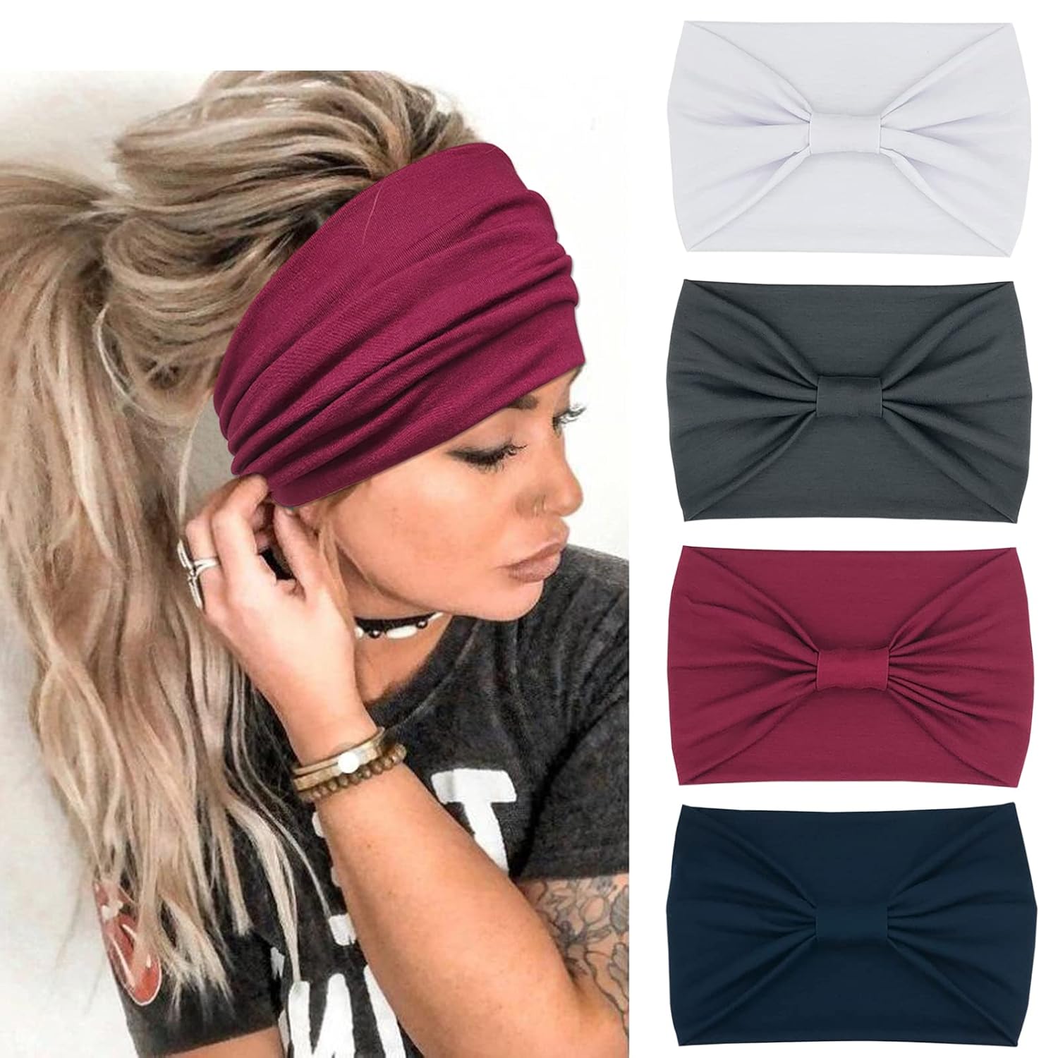 Wide Headbands For Women Knotted Headband Yoga Women’s Head Wraps Stretchy Turban Hair Accessories Bands 4 Pack