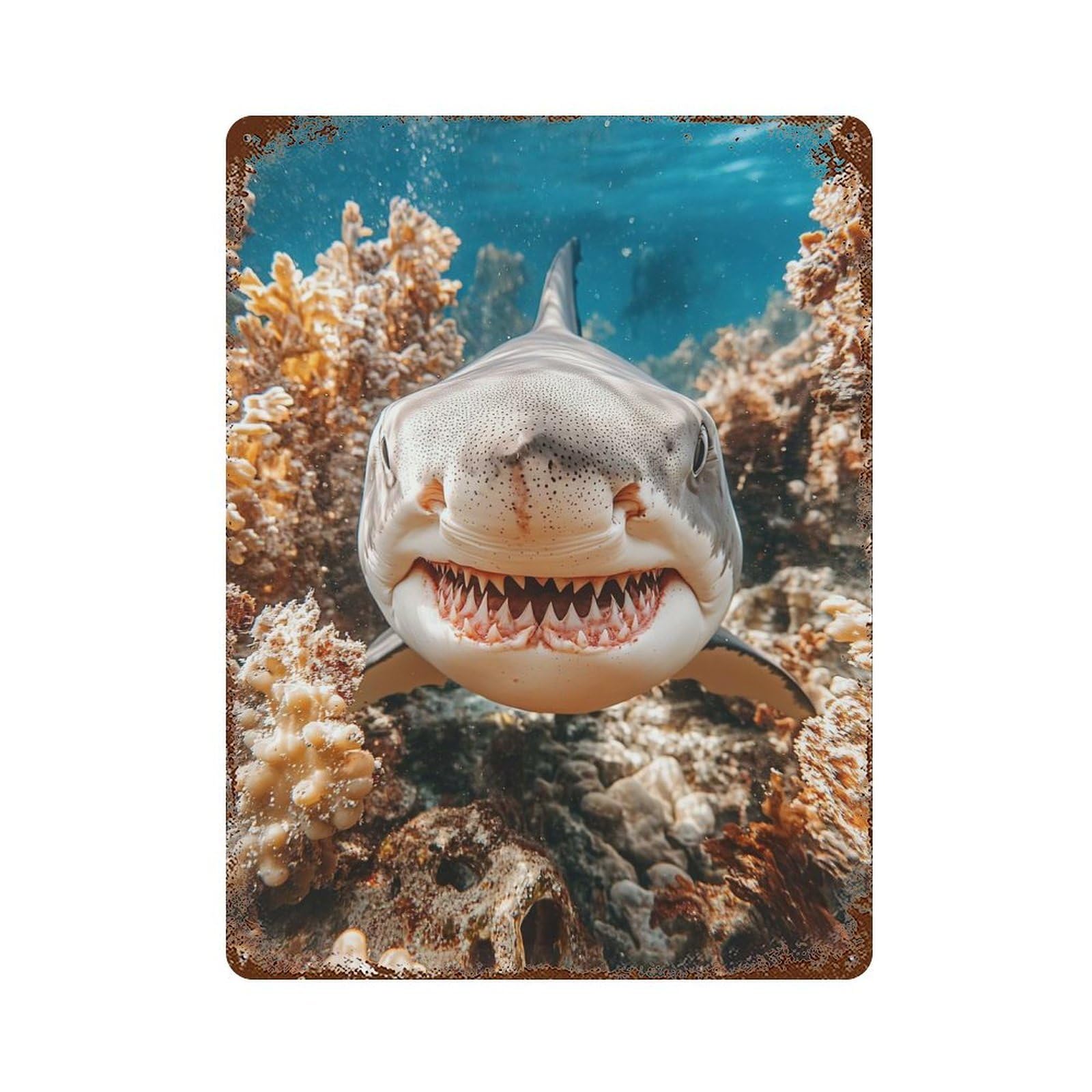 Shark Portrait Underwater with Coral Reef 15.7"x11.8" Weathered Tin Sign, Rustic Home Decor for Living Room, Hallway And Home Decor