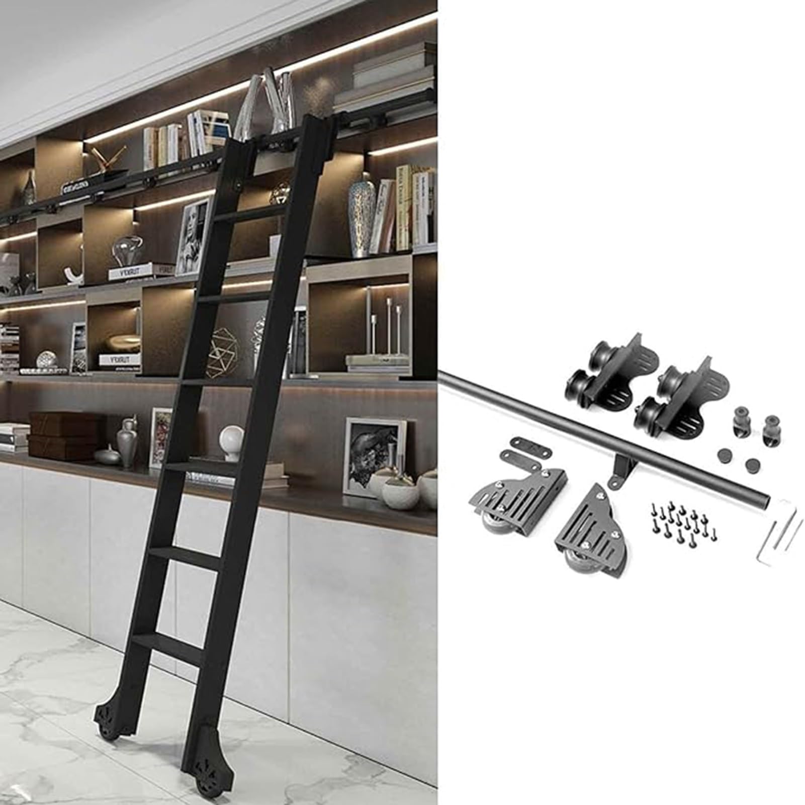 Rieles deslizantes para estantería y kit de herrajes para escalera de biblioteca con ruedas