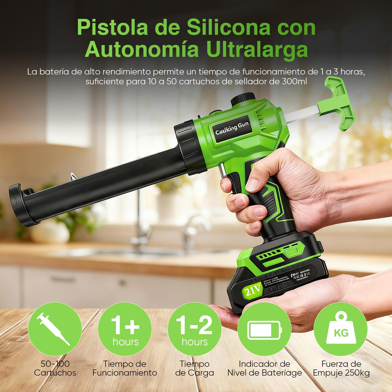 Pistola de cartuchos eléctrica con luz LED, regulación de velocidad continua, con dos baterías, para cartuchos de 280 ml-330 ml
