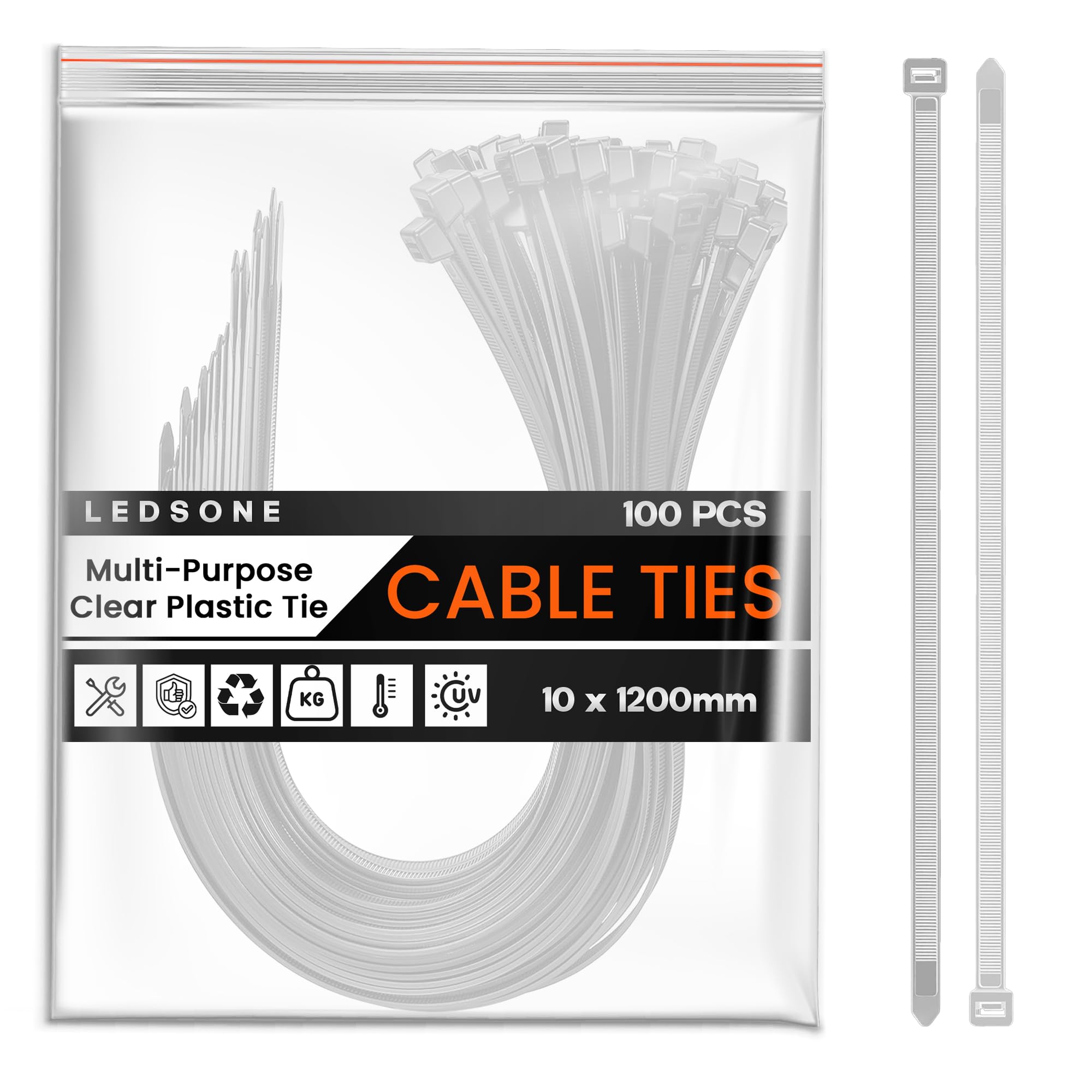 LEDSon White Pack of 100 Cable Ties 10mm x 1200mm, Nylon Zip Ties, Multi-Purpose Tie Wraps, Secure Self-Locking Mechanism, for Home, Garden, Office and DIY