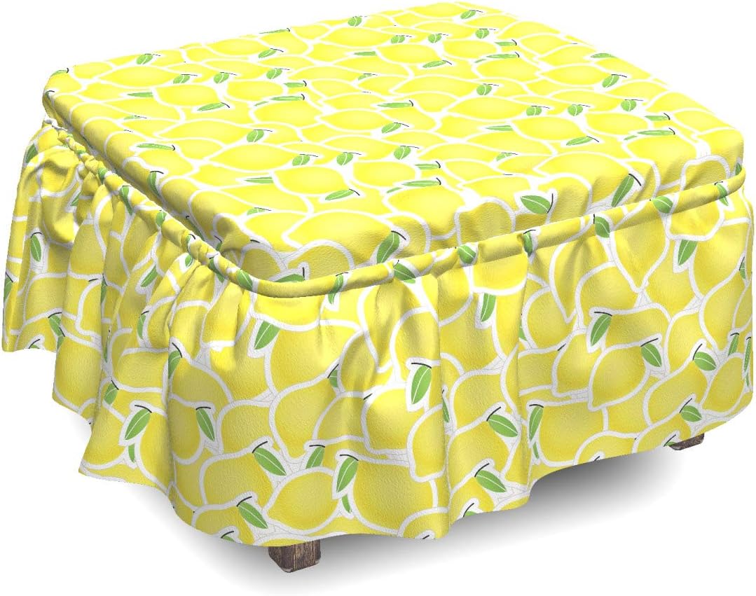 Lunarable Yellow Ottoman Cover, Lemon Citrus Illustration, 2 Piece Slipcover Set with Ruffle Skirt for Square Round Cube Footstool Decorative Home Accent, Standard Size, Yellow Green