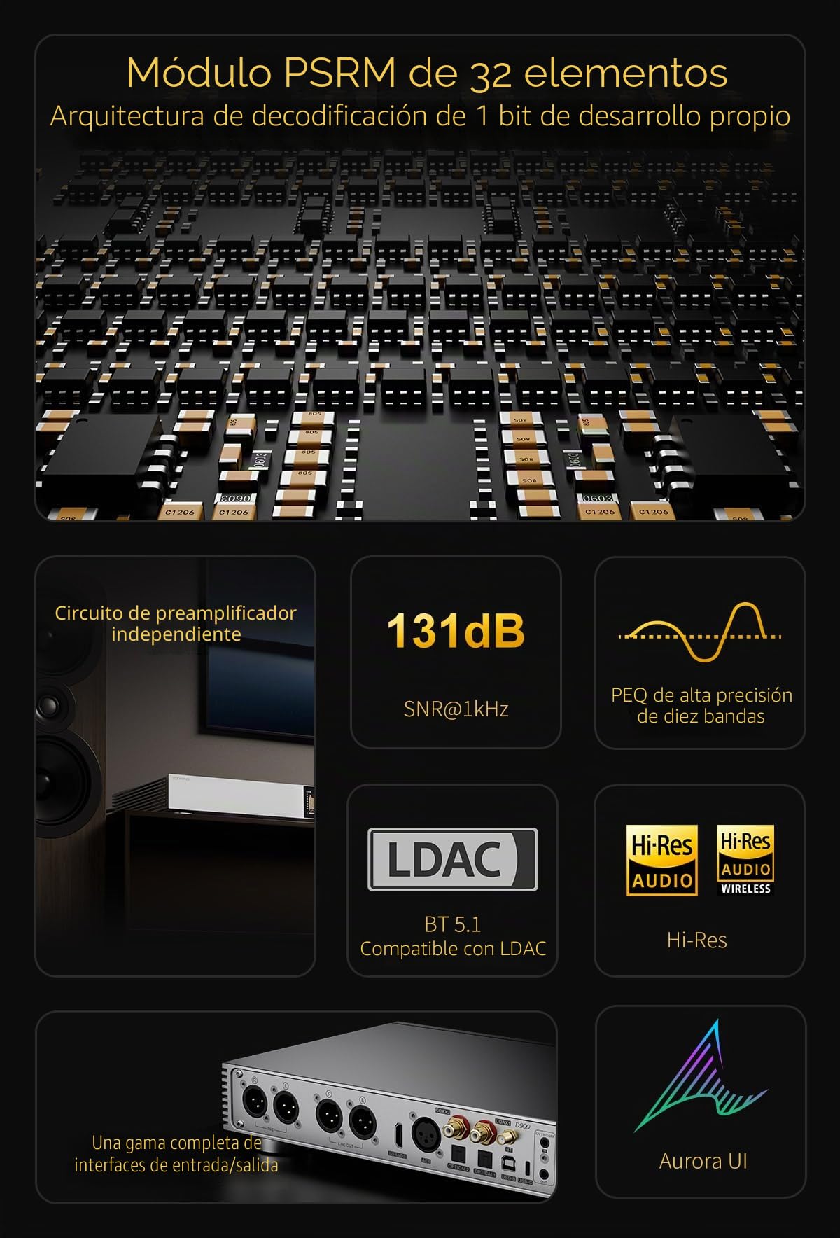 TOPPING D900 Hi-Res DAC Preamplificador - Módulo PSRM desarrollado internamente BT 5.1 Soporte LDAC 10 Bandas PEQ Interfaz Aurora UI con control remoto (plata)