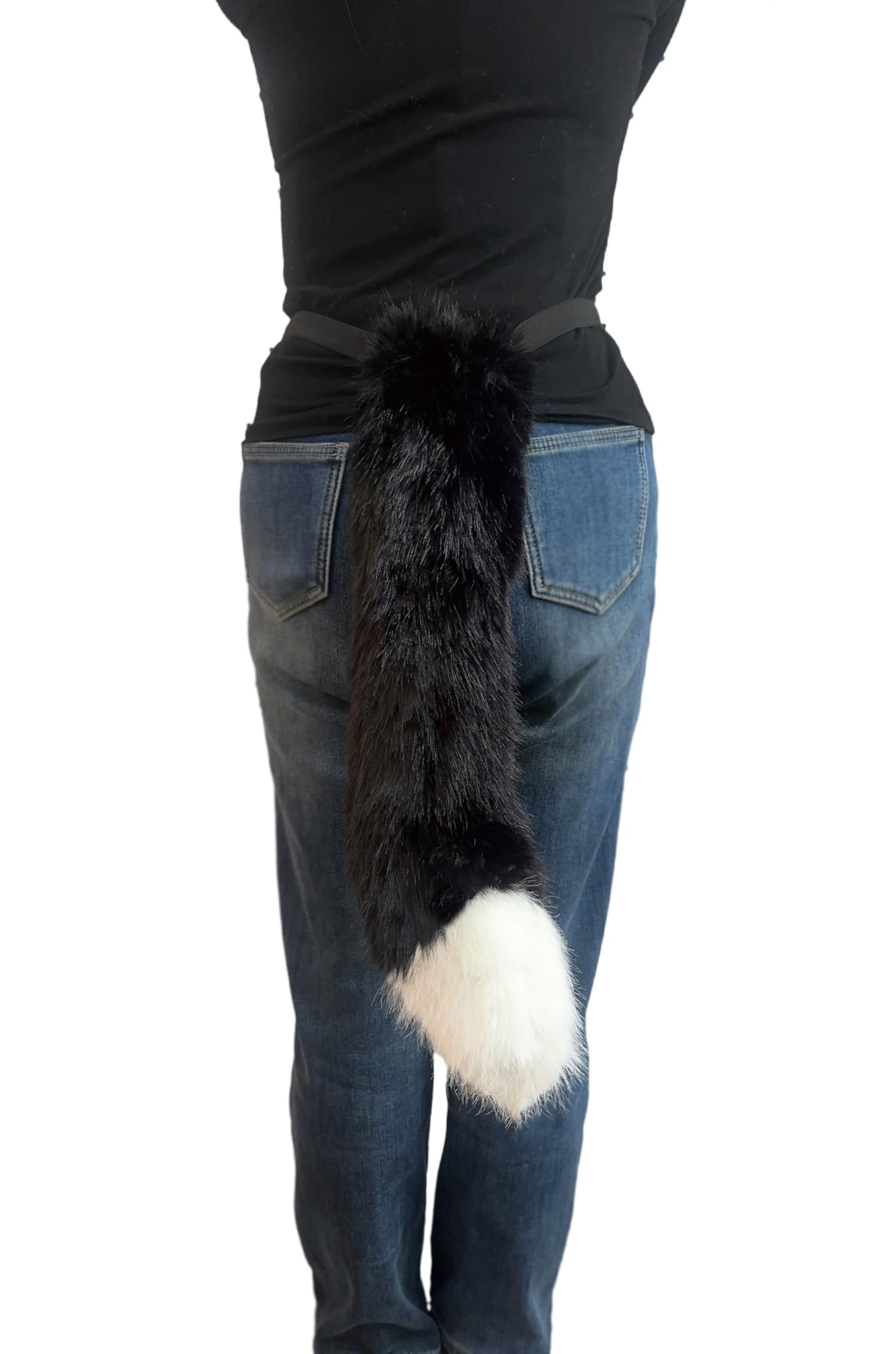 Lina & Lily Adults Faux Fur Fox Wolf Animal Tail Costume Fancy Dress Accessories for Cosplay Halloween Christmas Party (Black & White Tip) - Image 2
