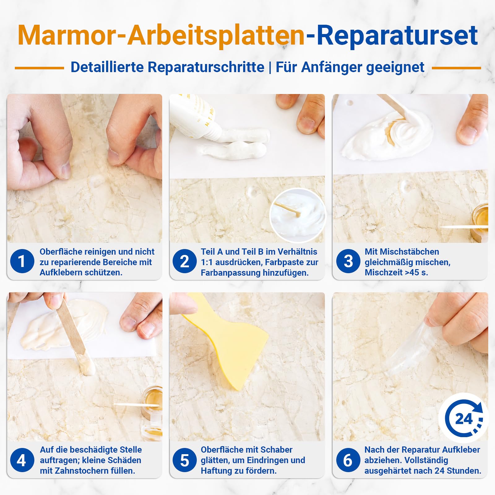 Marmor Reparaturset 160g/5.64oz, Fliesenreparaturset für Granit Quarz Acryl Keramikstein Arbeitsplatte, Füllen von Löchern Chips Rissen Kratzern und Dellen (Farbabstimmung)