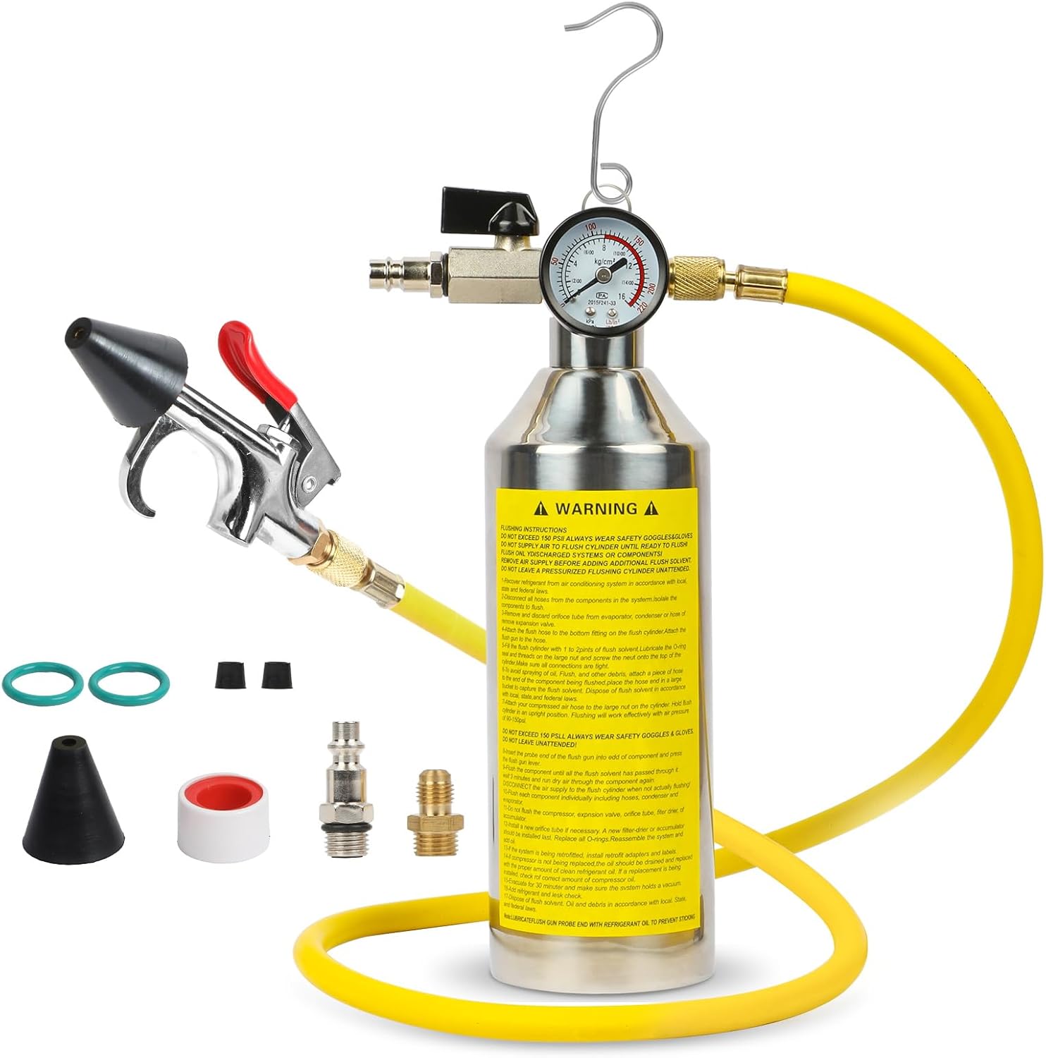 AC Flush Kit Home Auto AC Flush Tool Pressure Regulation and Real-Time Pressure Monitoring AC Cleaning Kit R134a R410a R22 R12 R404 HVAC Flush Kit with Portable Hook, Intake Valve, 3.5FT Rubber Hose