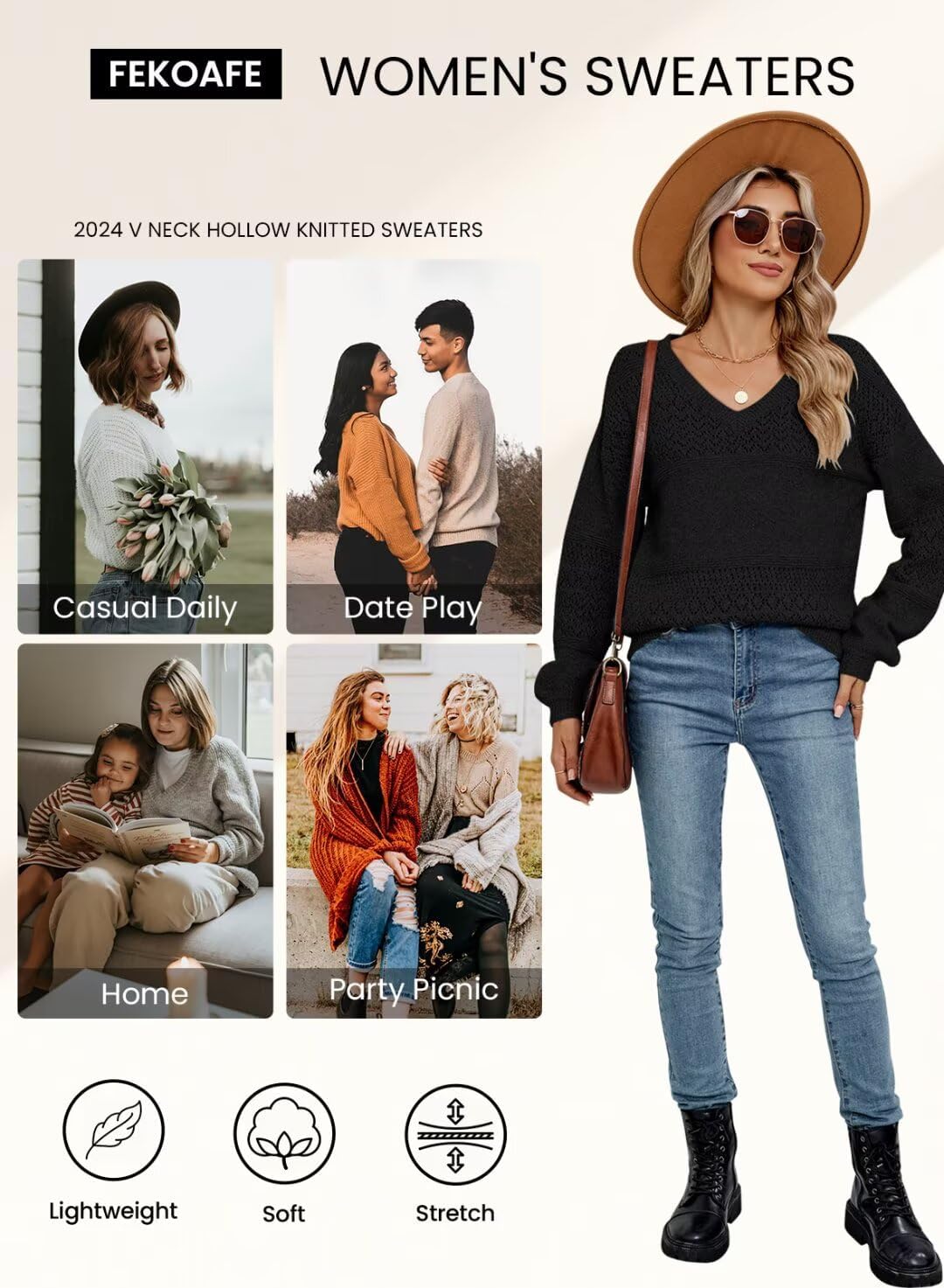 FEKOAFE Womens Sweaters 2026 Fall V Neck Long Sleeve Hollow Knit Pullover Sweaters for Women - Image 6