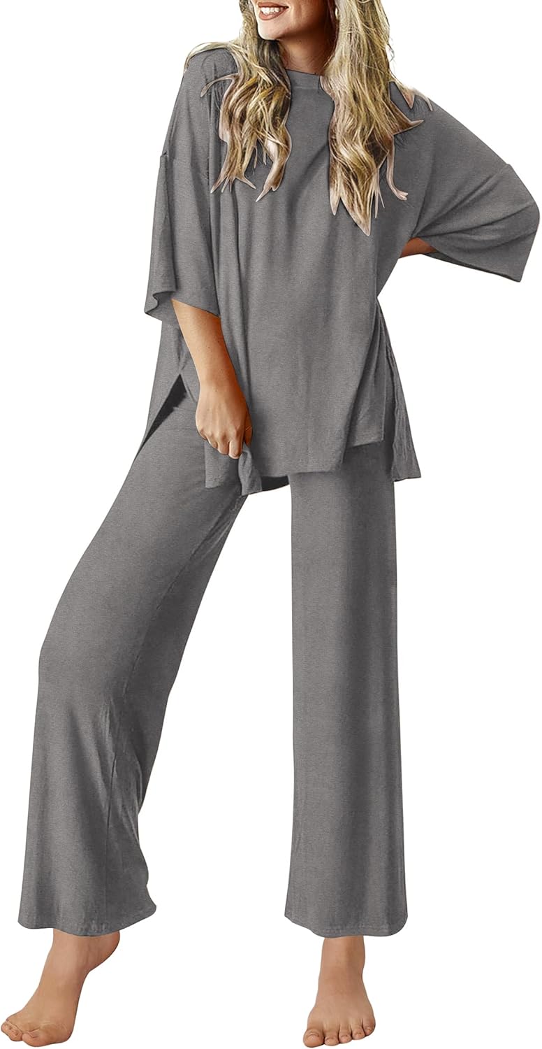 Ekouaer Lounge Sets for Women Short Sleeve Tops and Long Pants Soft Comfy Pajamas Set 2 Piece Outfits
