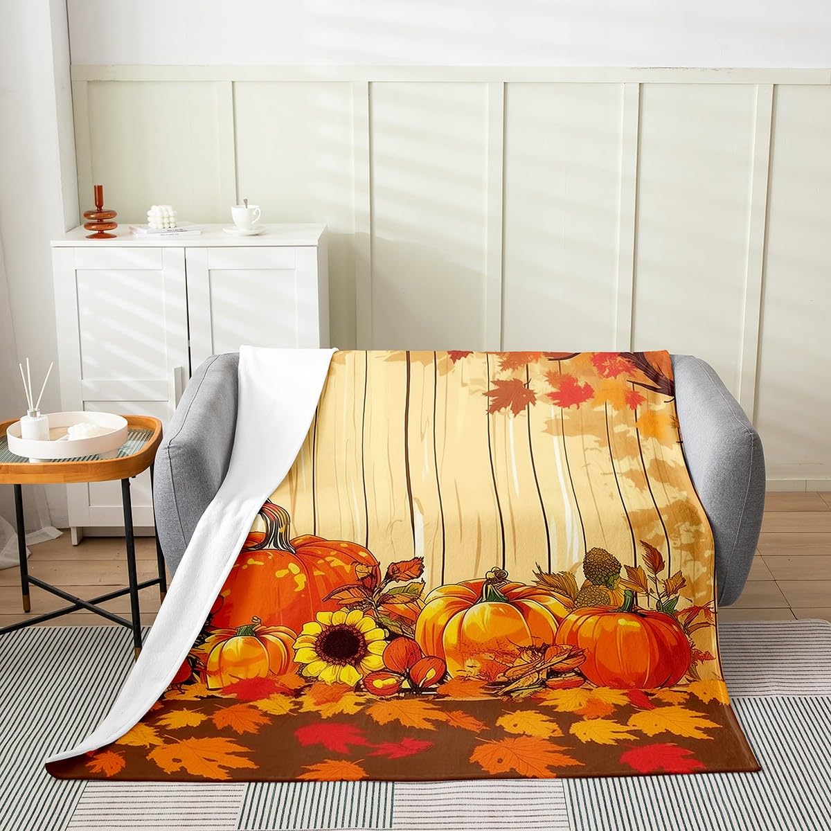 Homemissing Manta de calabaza de otoño tamaño Queen de 90 x 90 pulgadas, temporada de cosecha de Acción de Gracias, decoración de frutas, manta de felpa para sofá, decoración de niños, manta de