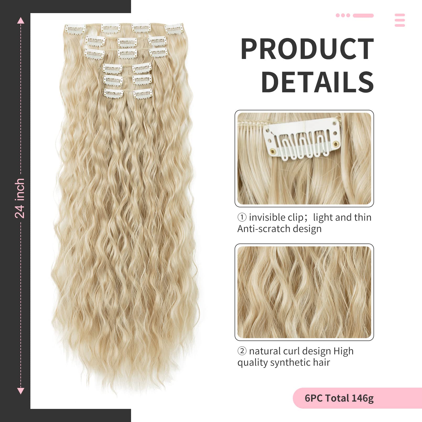 FLUFYMOOZ Clip In Hair Extensions,6PCS Hair Extensions Long Mermaid Waves Wavy Synthetic Clip On Hairpiece For Women 24 Inch (Cool Blonde) - Image 2