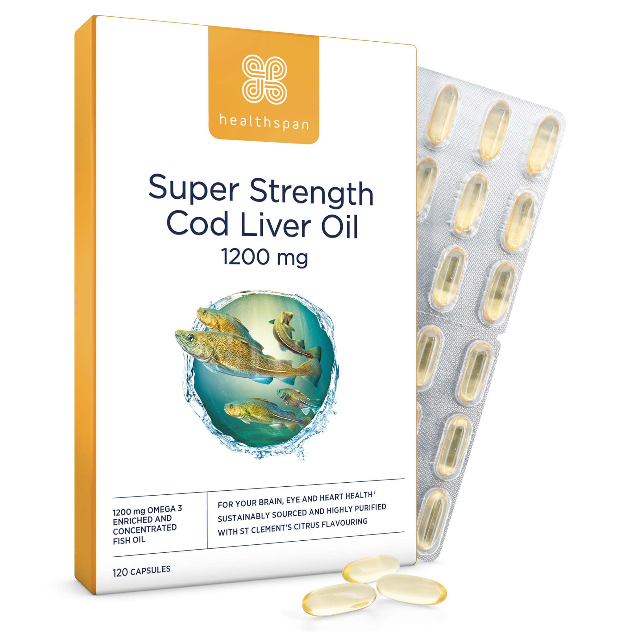Healthspan Super Strength Lebertran 1.200mg | Unterstützt Herz-, Gehirn- und Augengesundheit | Zusatz von Vitamin A, D3 und Kalzium | Reich an Omega-3-Fettsäuren DHA & EPA | Nachhaltig | 120 Kapseln