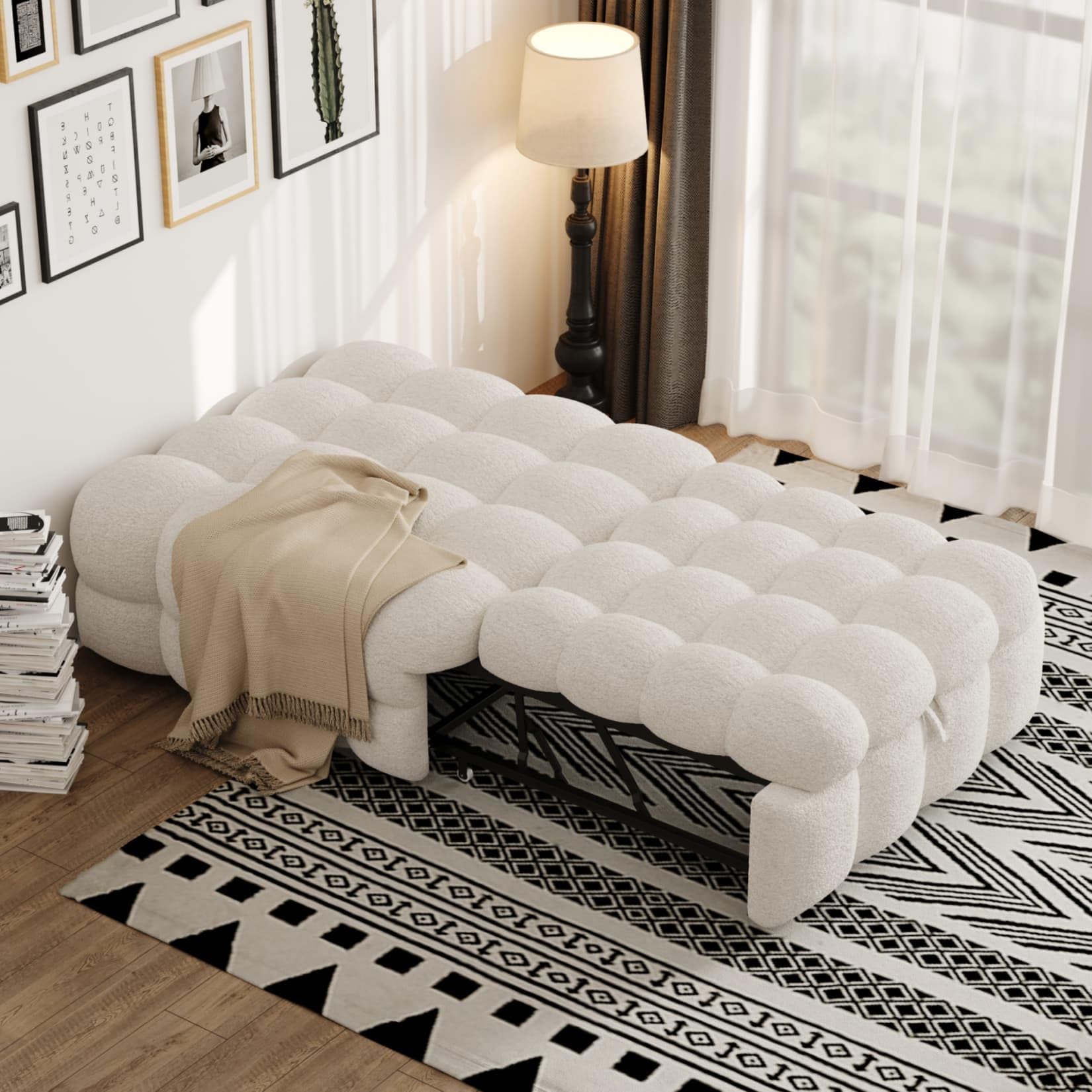 PUGSDRLY Canape Lit 1 Place Convertible,Pouf Salon,Canapé Convertible,Design Rétractablem,Lit Capitonné 1 Place,Tissu Peluche (Beige)
