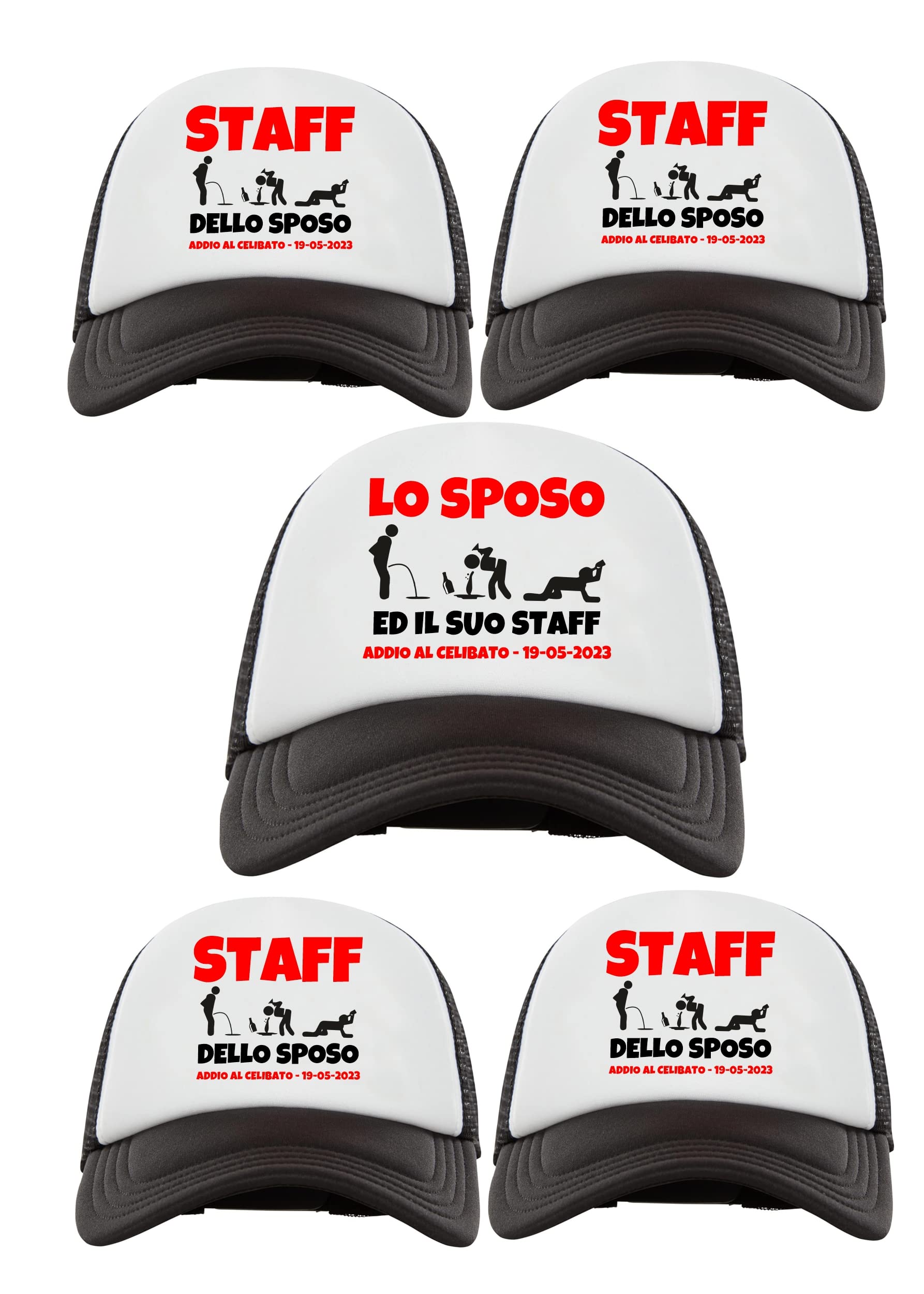 Kit Cappellini Addio al Celibato Personalizzabili con Data Festa o Matrimonio Lo Sposo e Il Suo Staff Frase Divertente Bachelor Party