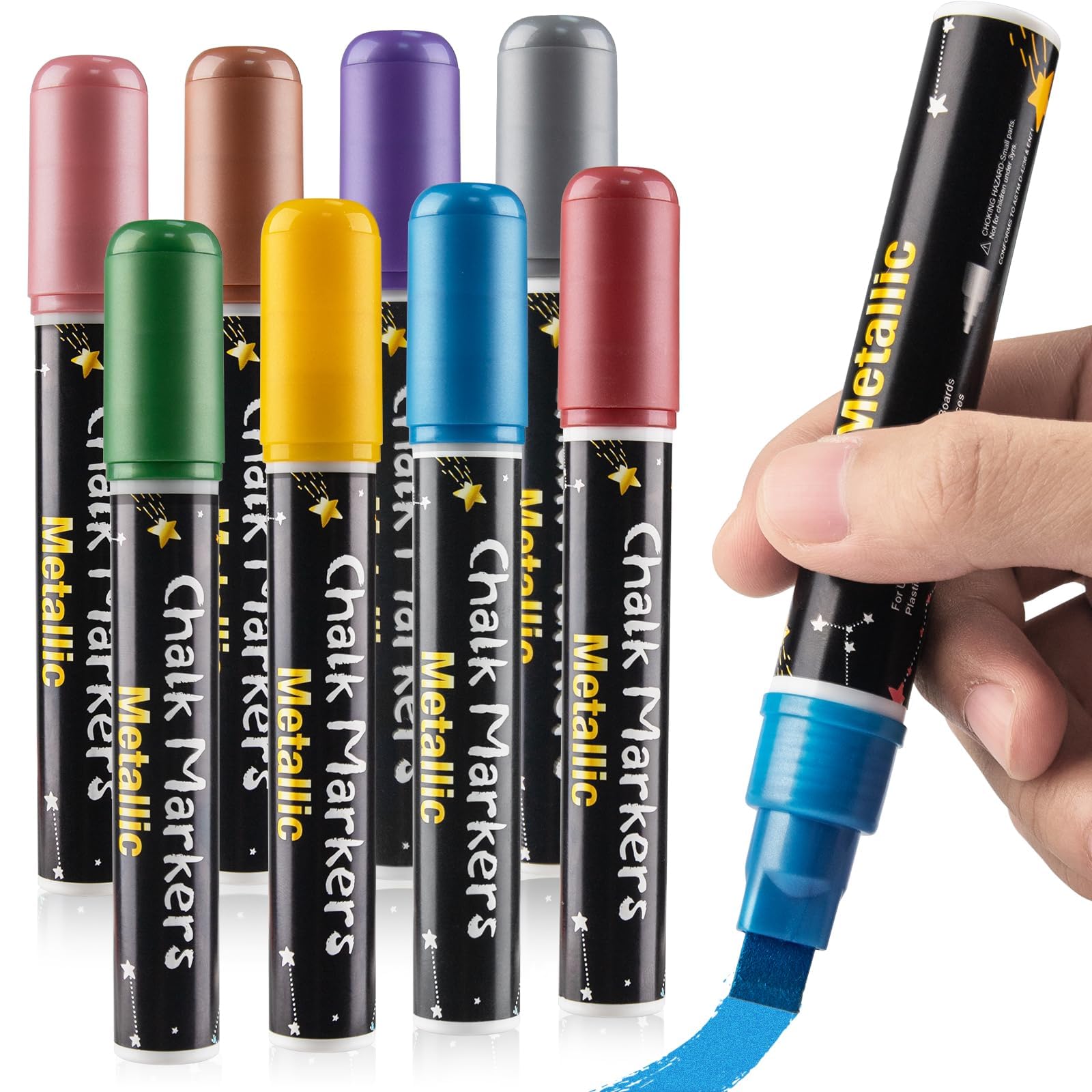 AzoneeMetallic Liquid Chalk Markers for Chalkboard, 8 Colors Jumbo Liquid Chalk Marker with 10mm Thick Tips, Big Chalkboard Markers, Car Window Paint Markers Pen for Glass, Auto, Windshield