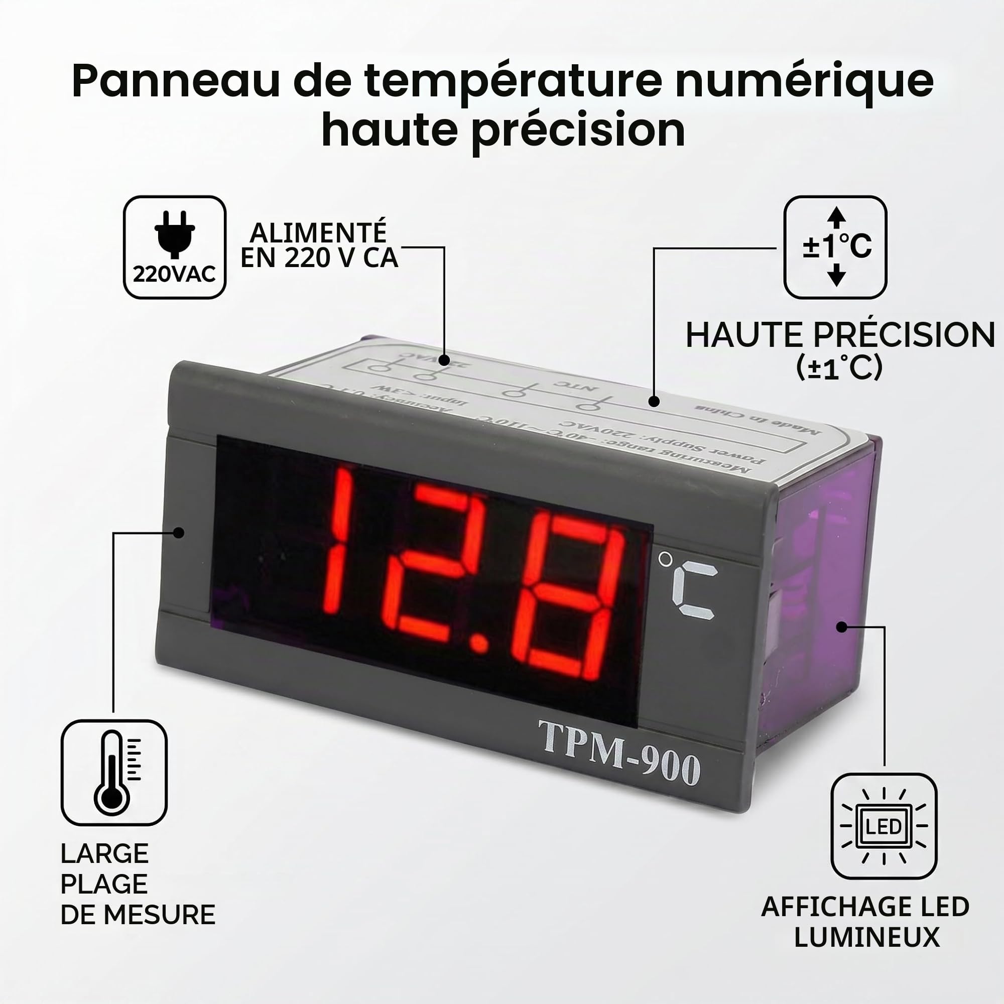 TPM-900 Contrôleur de Température Numérique 220VAC 3W, -40℃~110℃, Contrôleur de Thermostat de Capteur, avec Indicateur de Panneau LED et Insérez Panneau, Refroidissement et Chauffage,Précision ±0.1℃