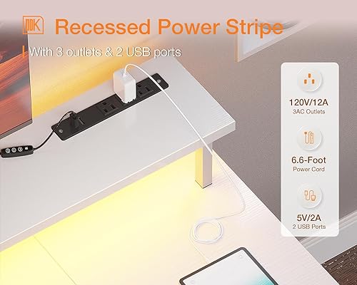 Miniatura 5 de ODK Escritorio para juegos de 48 pulgadas con luces LED y tomas de corriente, escritorio para computadora con soporte para monitor y rejillas de