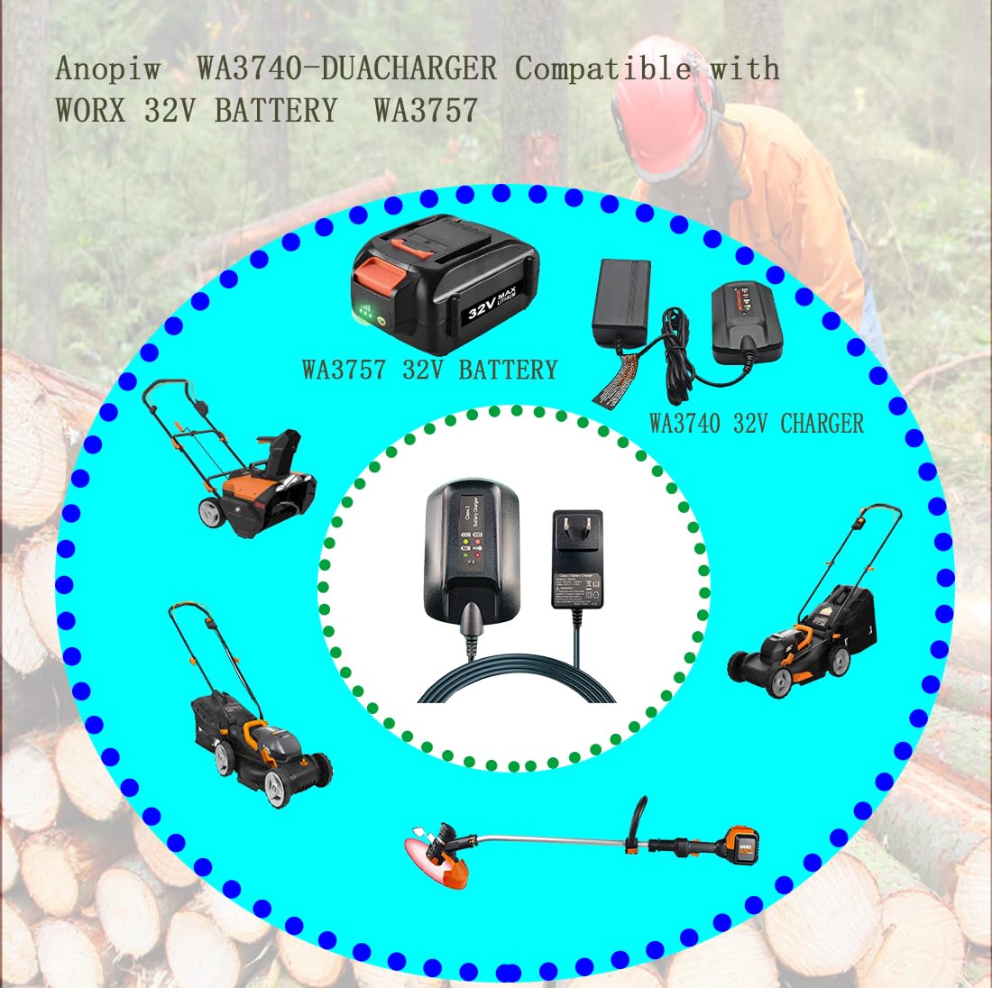 ANOPIW WA3740 Replace Worx 32V Battery Charger to Charge WA3537 Lithium Batteries