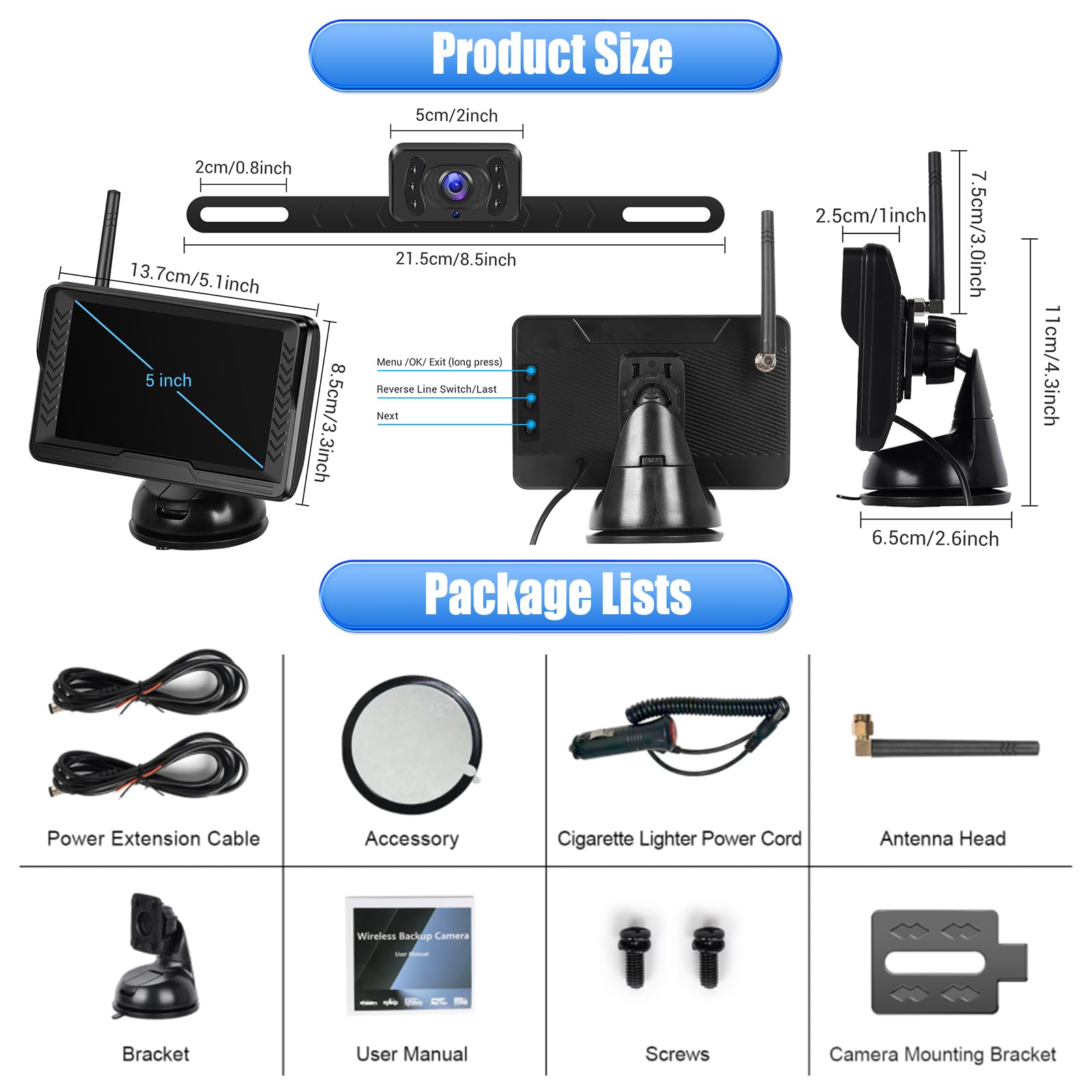CAMECHO 5 Pulgadas Cámara de Marcha atrás inalámbrica para Coche con Pantalla,Impermeable,visión Nocturna Camara Trasera Kit con DIY Ayuda de Marcha atrás y Flip de Imagen para Minivans SUV