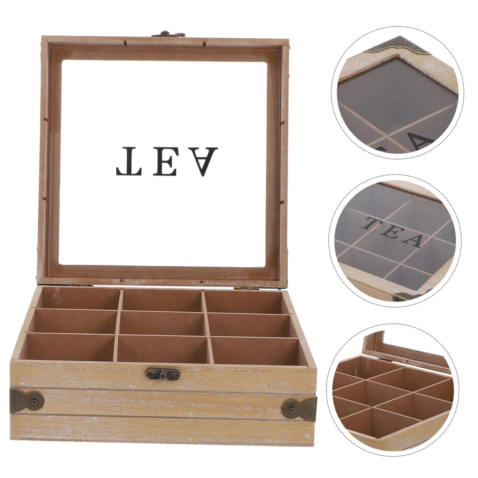 Caja Organizadora de Té de Madera con Tapa de Vidrio y Compartimentos