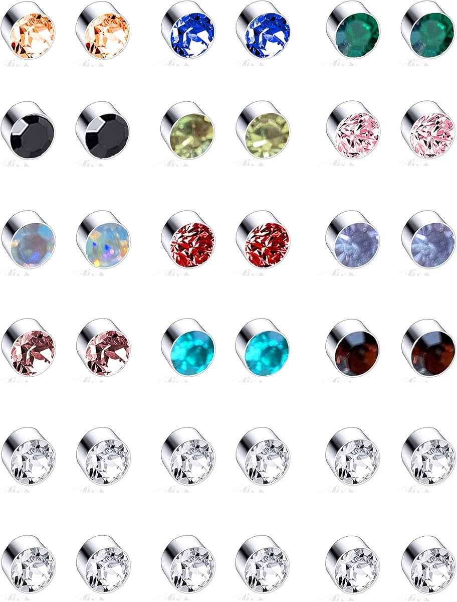 18 Pairs Magnetic stud Earrings Colors CZ Earrings Set Fake Earring Jewelry Clip on No Piercing Earrings Studs for Women Men 4MM 6MM