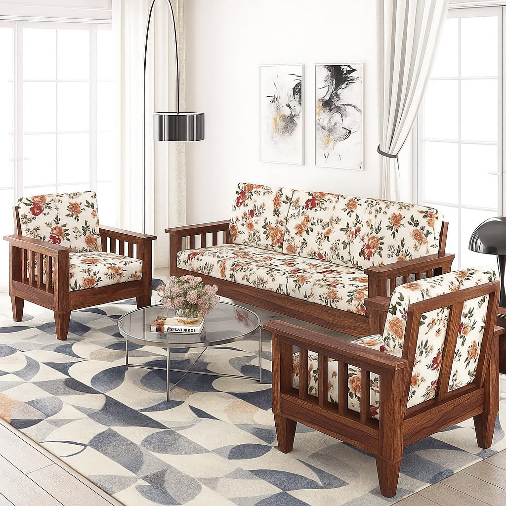 KENDALWOOD™ Furniture Sheesham Wood 5-Seater Sofa Set | Wooden Sofa Set for Living Room Furniture | Sofa for Home & Office | Color :- Natural Finish with Cream Printed Cushion-image-37