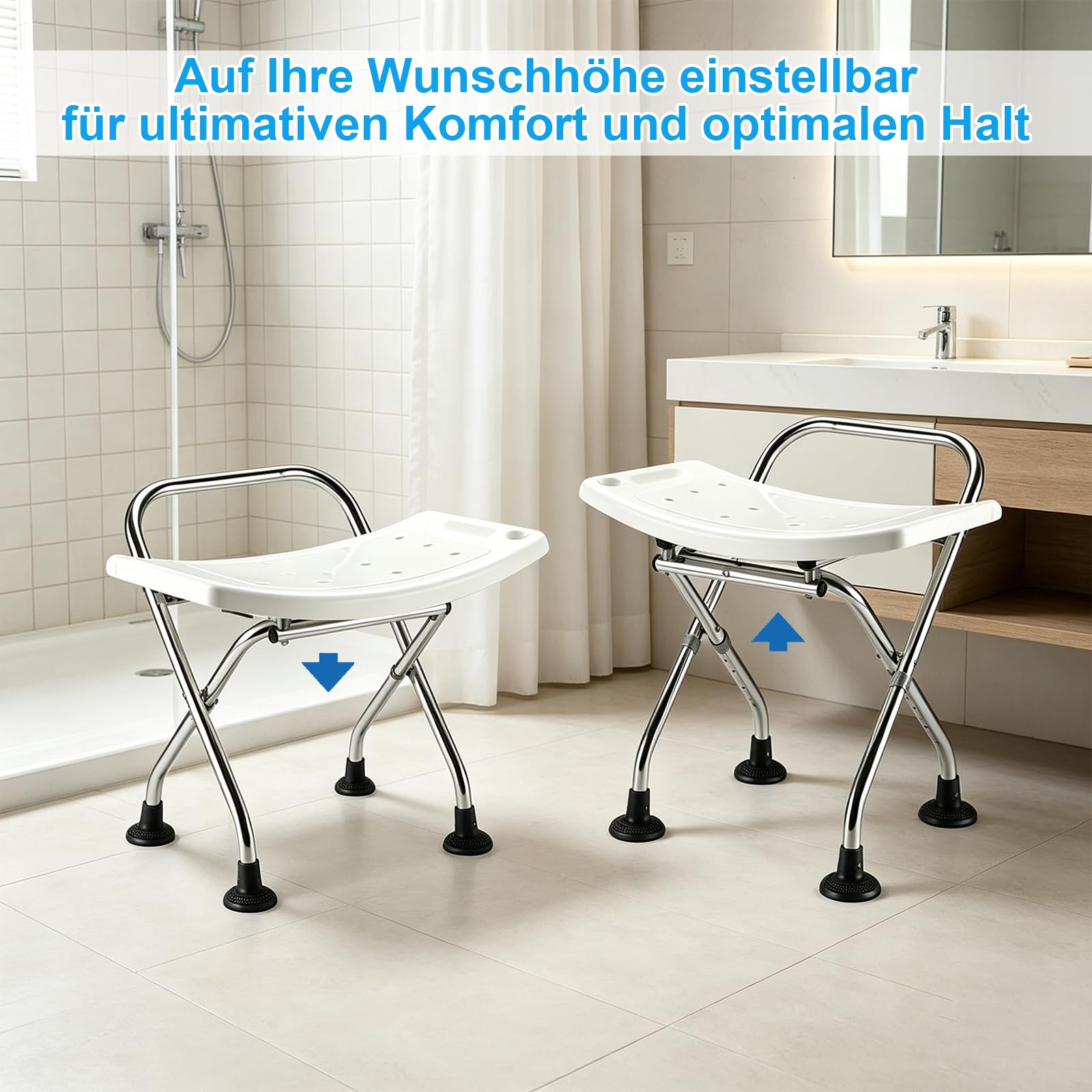 Taburete de ducha plegable de altura ajustable, silla de ducha antideslizante con pies de goma, taburete de baño estable, incluye pelota de ducha y peine de masaje para el cabello, asiento de ducha