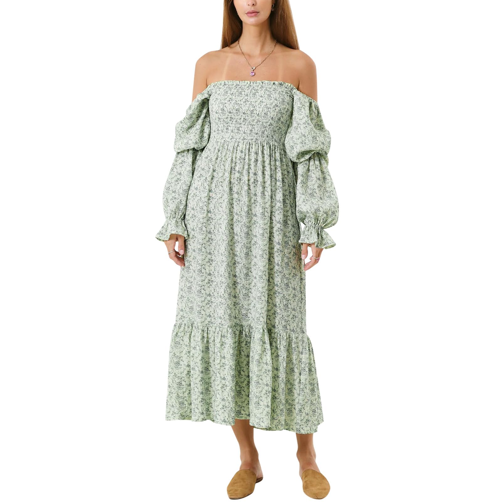 EFOGEP Women Maternity Dress Floral Baby Shower Off Shoulder Puff Sleeve Maternity Boho Smocked Flowy Pregnancy Dresses