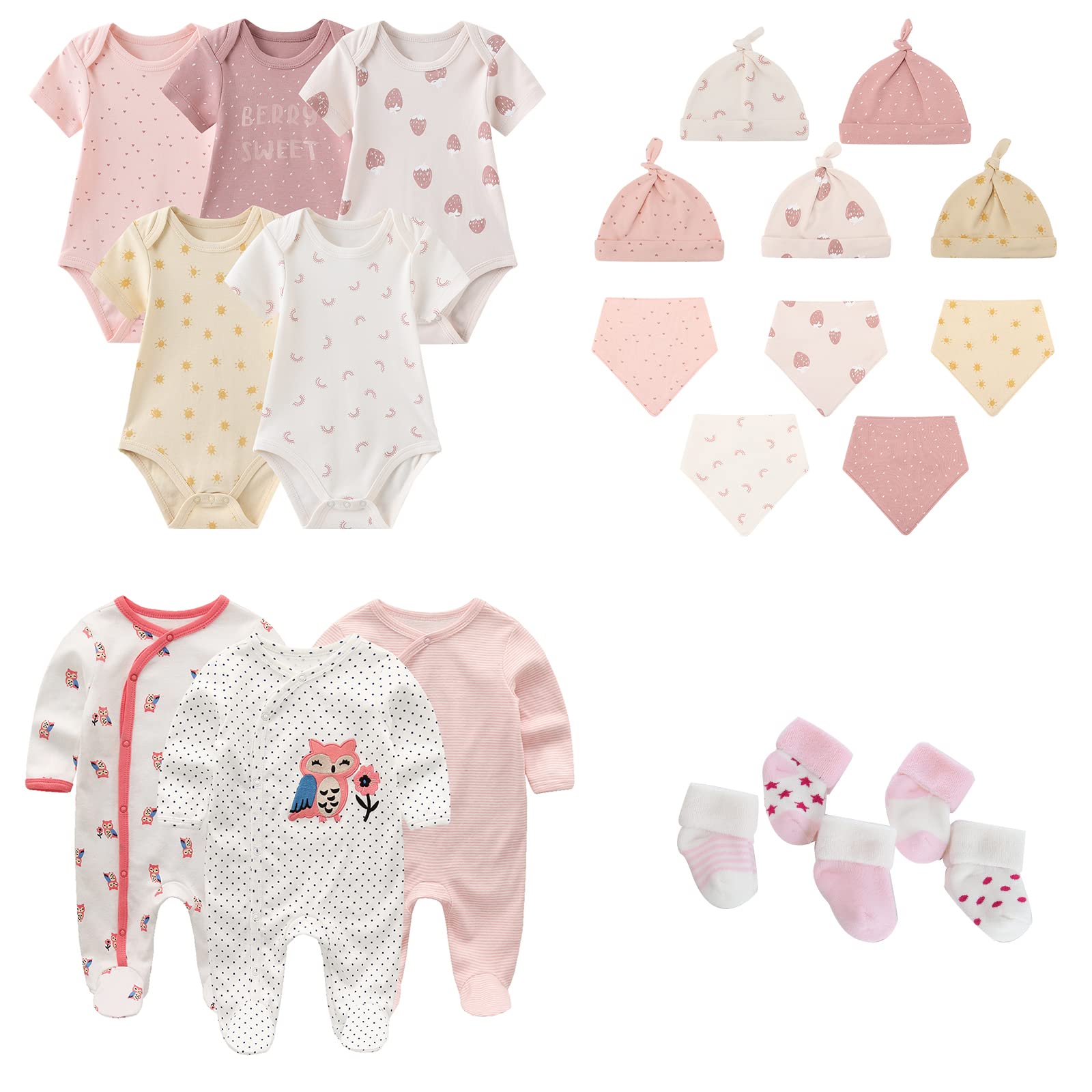MAMIMAKA Conjunto de ropa para bebé recién nacido de 23 piezas, paquete de 5 mamelucos + 3 pijamas y accesorios para 0-6 meses