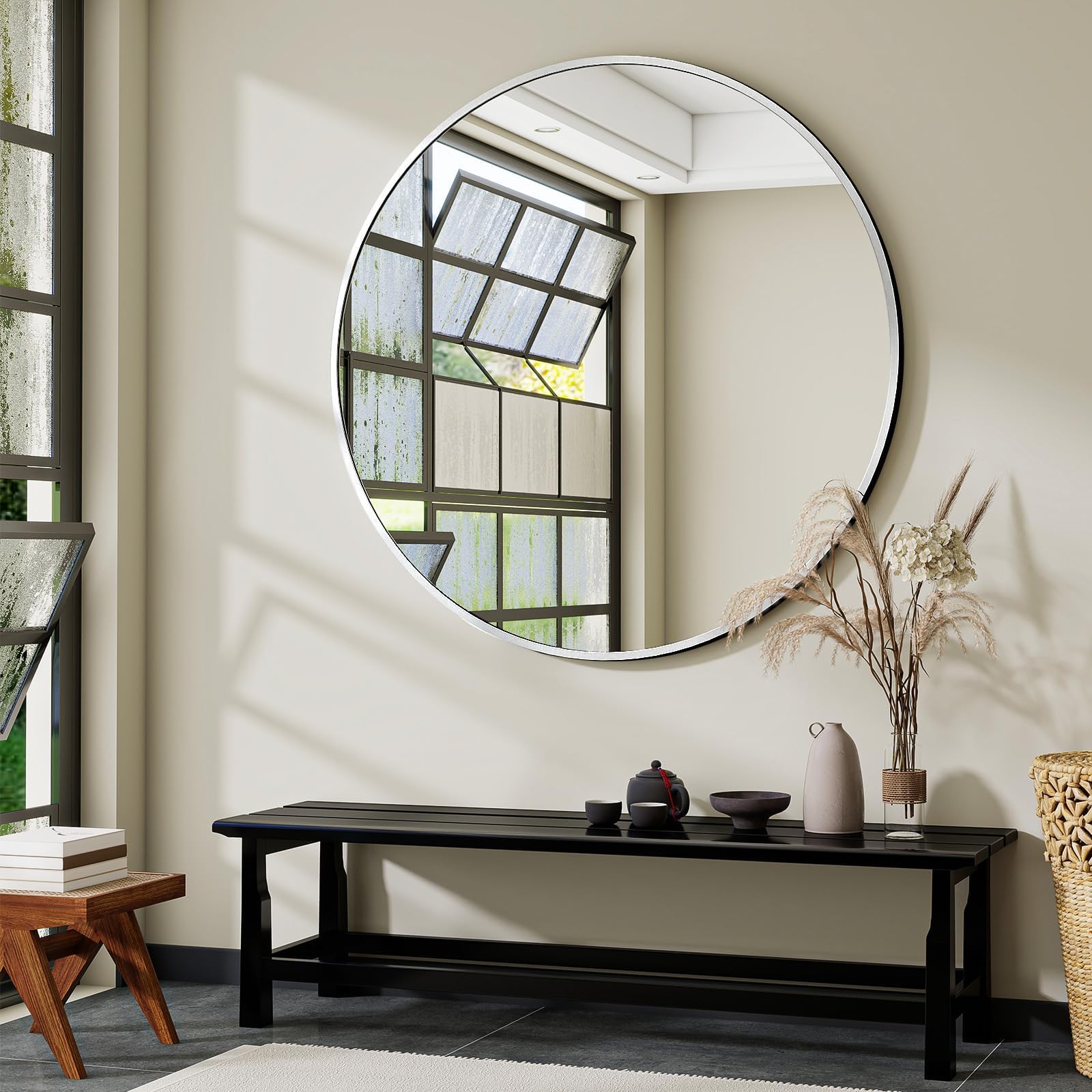 VooBang Large Silver Round Bathroom Mirror 42 inch with Thin Metal Frame
