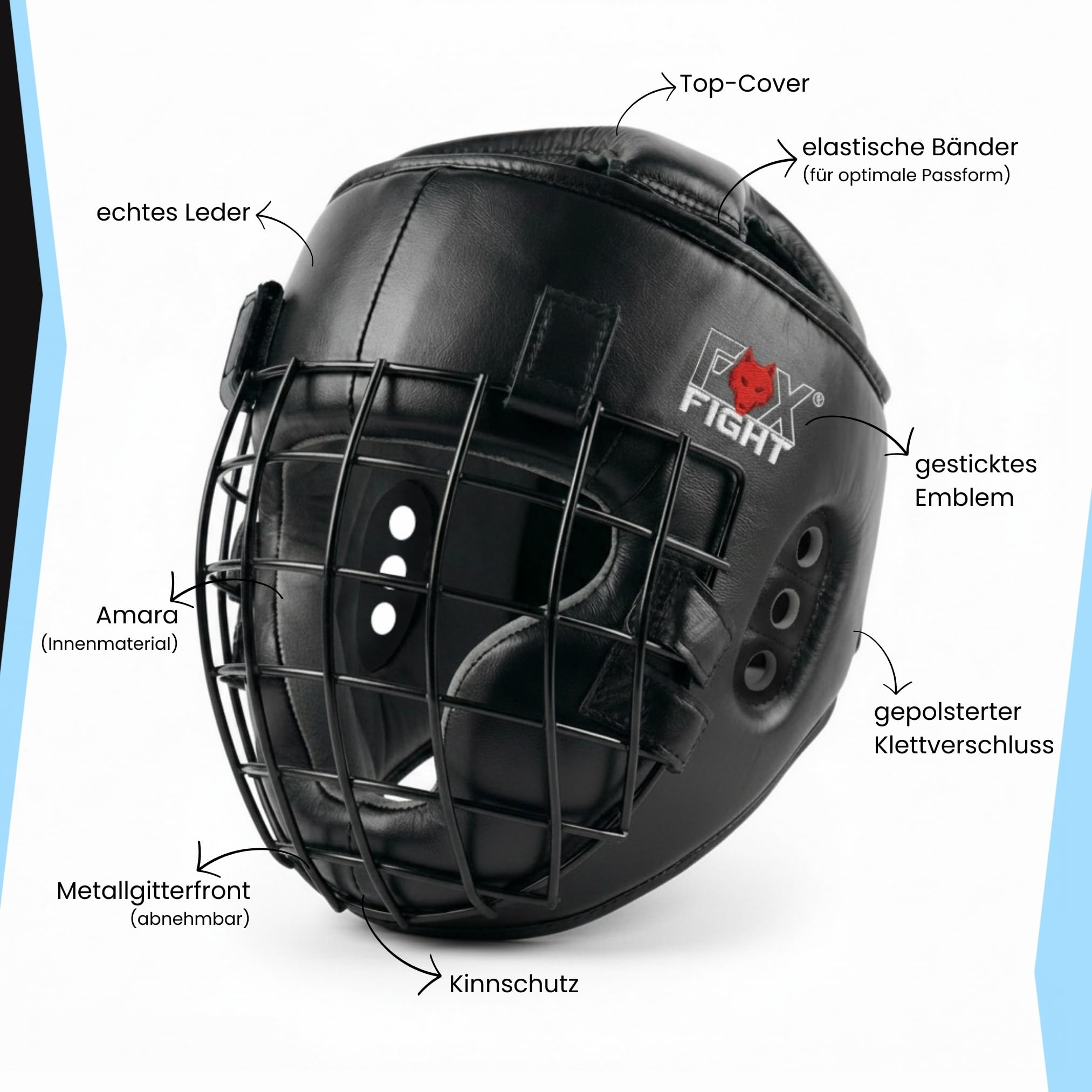 FOX-FIGHT Casque de boxe en cuir véritable avec grille en métal - Pour arts martiaux, MMA, boxe, kickboxing et sparring