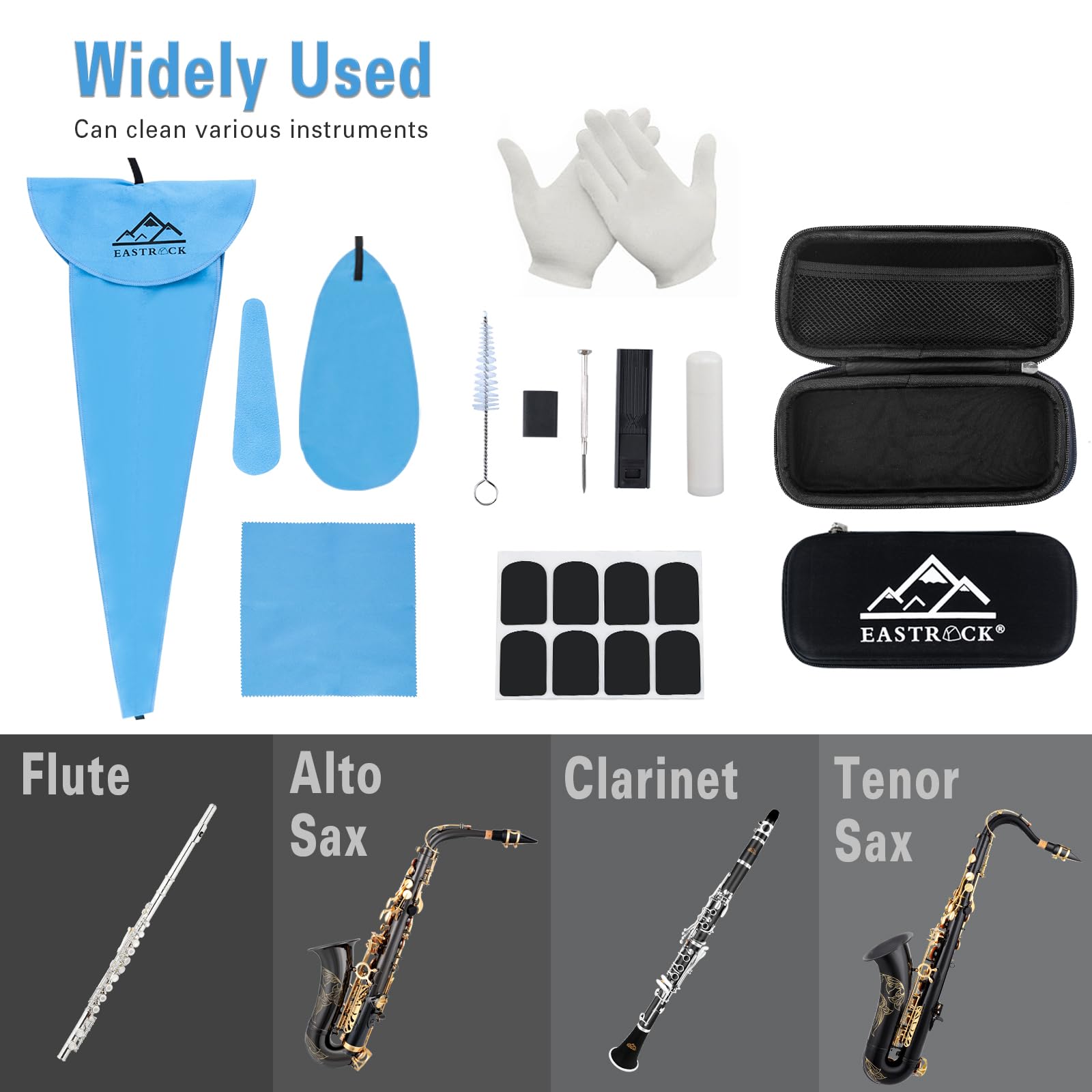 EASTROCK Saxophon Reinigungsset für Alt/Tenor saxophone Klarinette Trompete Querflöten und andere Wind- & Holzblas-Strukturen inkl EVA-Etui, Reinigungstuch 4 STÜCKE, Mundstückbürste, Umhängeband