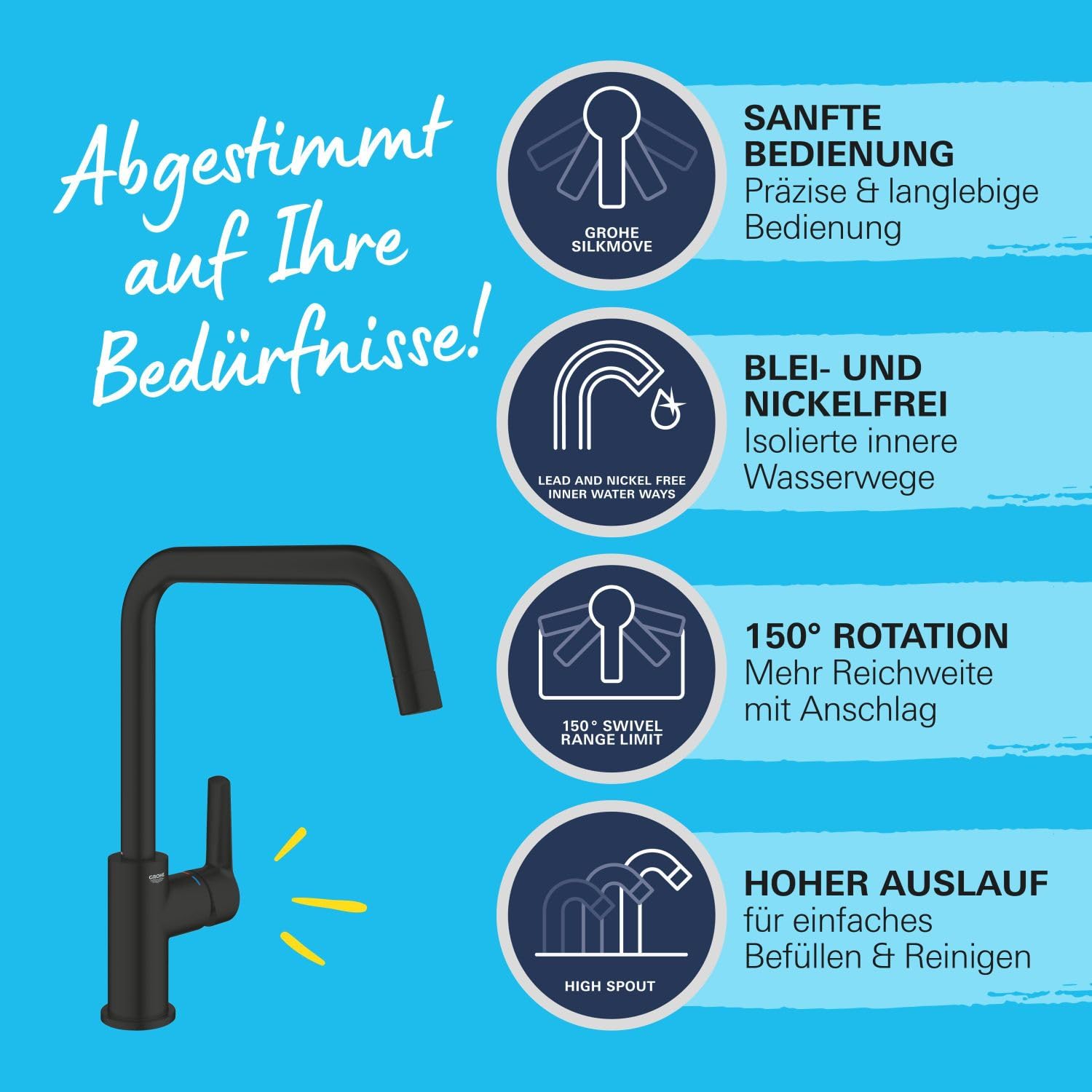 GROHE Start, Küchenarmatur (Wasserhahn für die Küche, 150° schwenkbar, wassersparende Spültischarmatur dank variabler Mengenbegrenzung, werkzeugfreie Spülbecken-Montage), schwarz, 304702430
