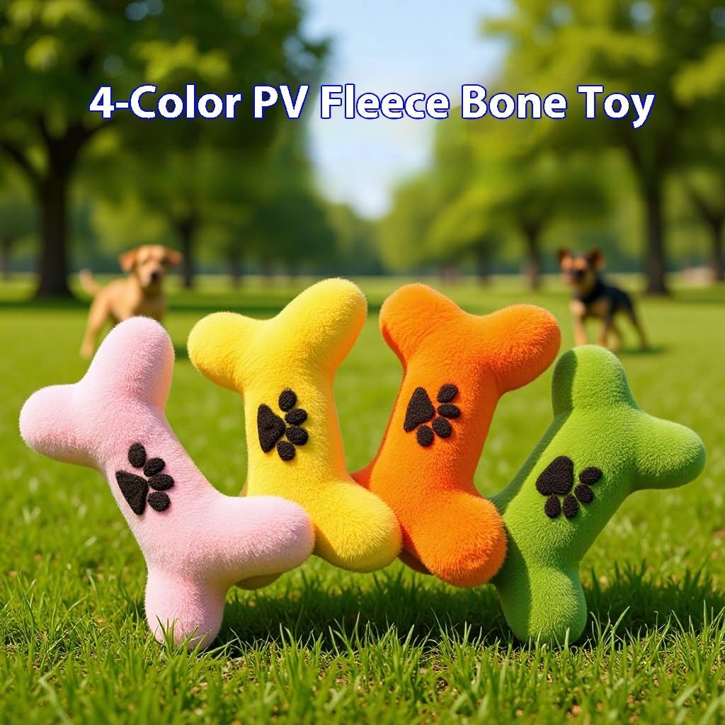 Plush Dog Toy Bone Shape 7.1x4.7in with Paw Print, Soft Squeaky Chew Toy for Toss Fetch Dental Care and Interactive Play (Orange)