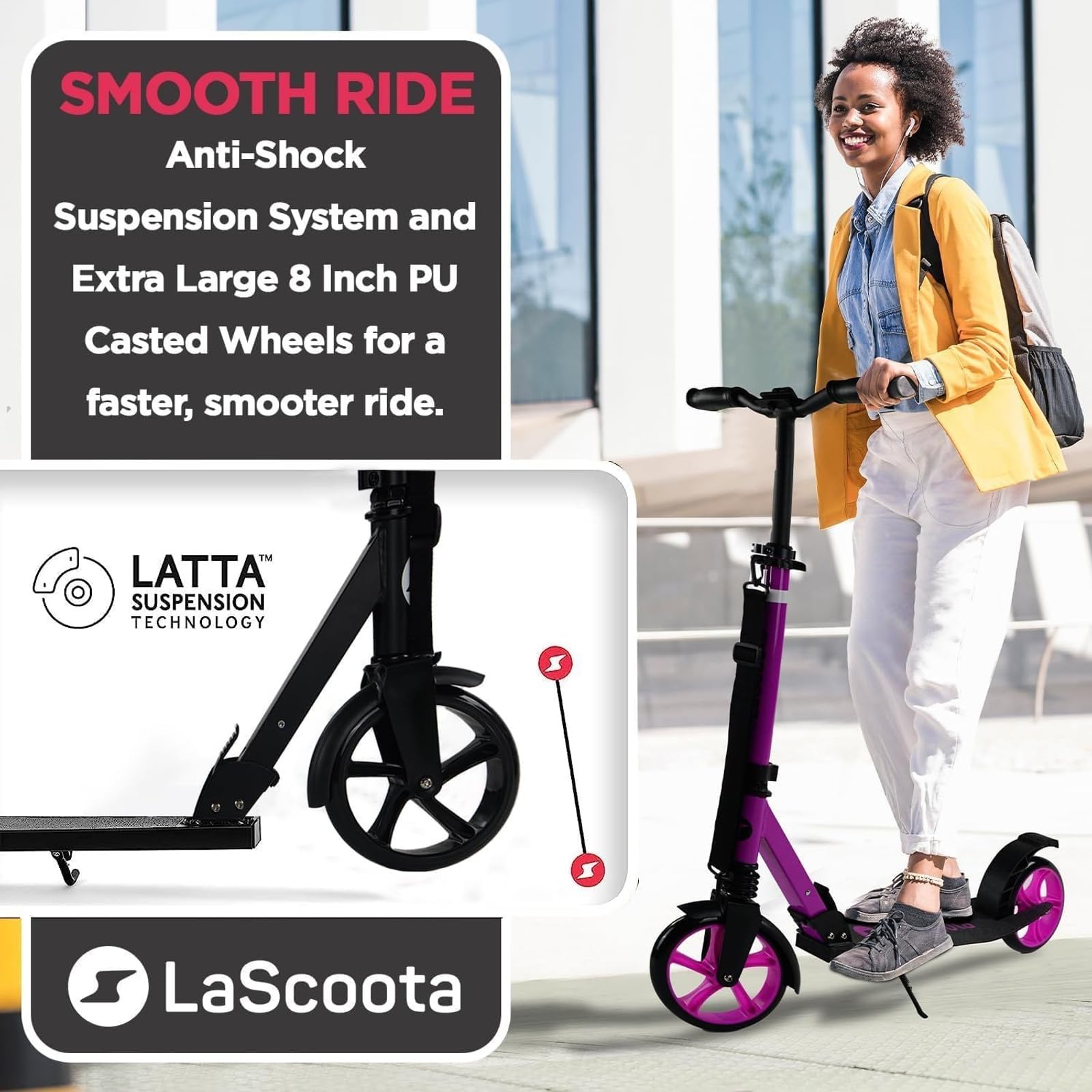 Lascoota Scooter for Children from 8 Years, Scooter for Adults, Foldable and Height-Adjustable, Spring System for Shoulder Strap for Scooter, 20 cm