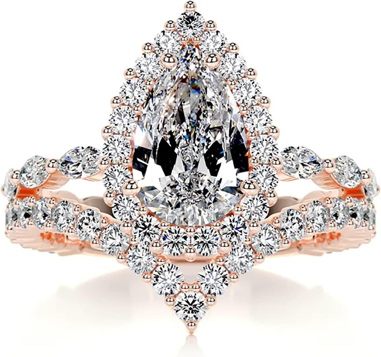 S925 10K 14K 18K Solid Gold Moissanite Wedding Ring Set for Women, 1-3 CT Center Pear Cut Bridal Set Customized Engagement Anniversary Promise Bands Halo for Her Wife Girlfriend Free Engraving