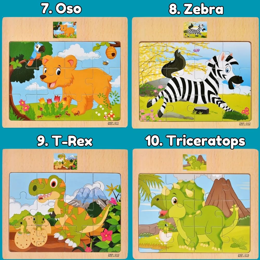 Pack 10 Puzzle Madera, Puzzles Infantiles Niños 3 a 8 Años, Juguetes Educativos, Regalos Cumpleaños Niños, Set de 10 Rompecabezas con Dinvertidos Animales (Pack 10 Puzzles)