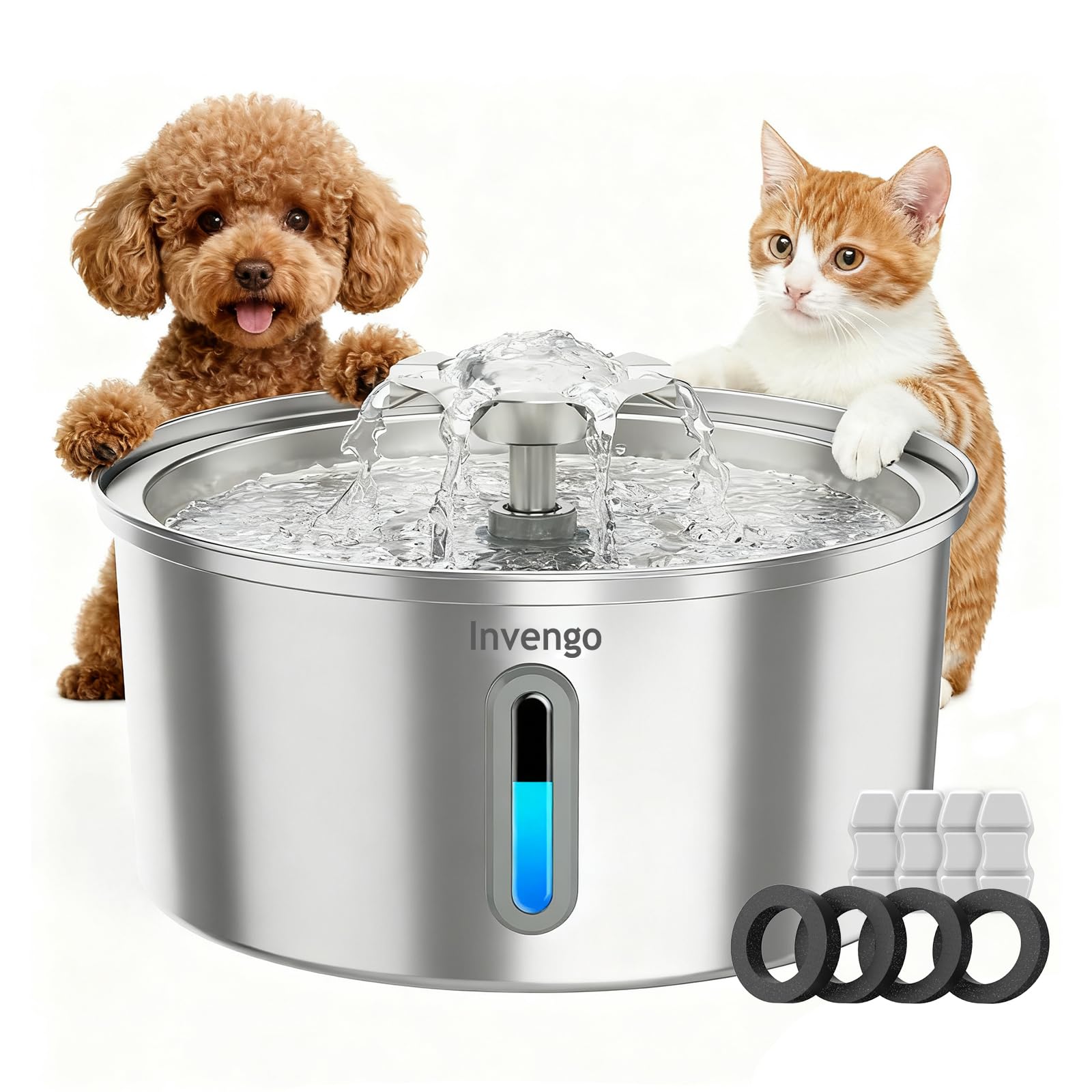 Cat Water Fountain Stainless Steel 3.2L/108oz, Invengo Automatic Pet Fountain for Cats & Dogs, Ultra Quiet <25 dB Pump, Includes 4 Replacement Filters & Sponges, LED Water Level Window, Easy to Clean