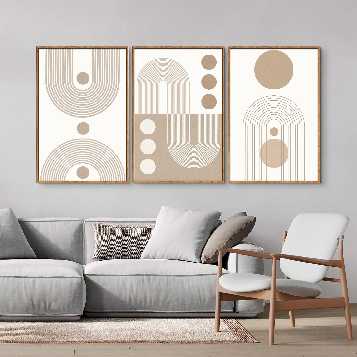YeeHomedec Boho Beige Neutral Framed Canvas Wall Art, Mid Century Modern Wall Decor, Bohemian Abstract Minimalist Artwork, Geometric Line Circle Art Painting for Living Room Bedroom Office 16"x24"x3