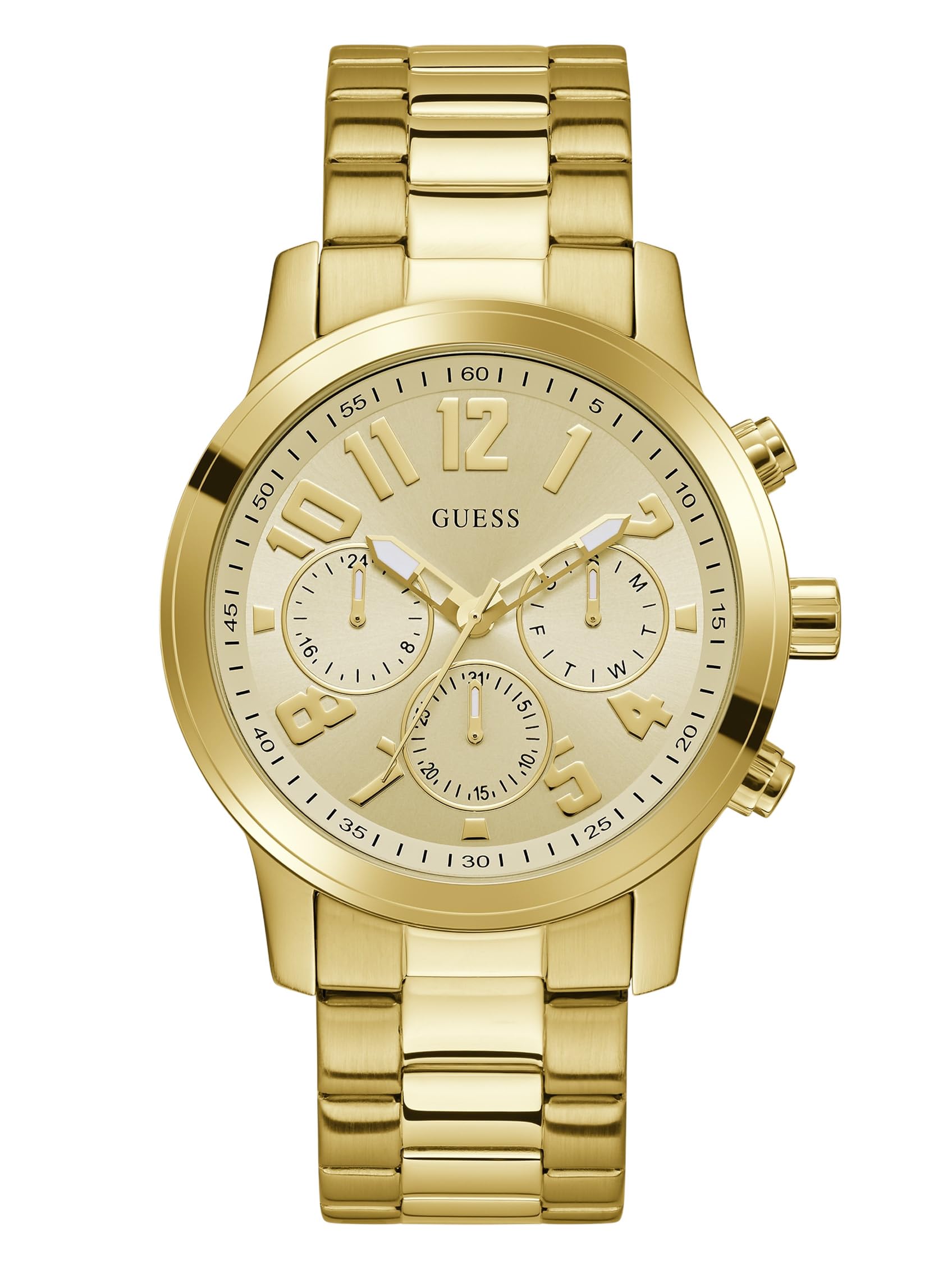 Guess Parker GW1006G2 - Reloj de Pulsera para Hombre, Correa de Acero Inoxidable Dorado, Esfera de Cristal Mineral, Esfera Dorada de 5 Bares, diámetro de la Caja: 44 mm