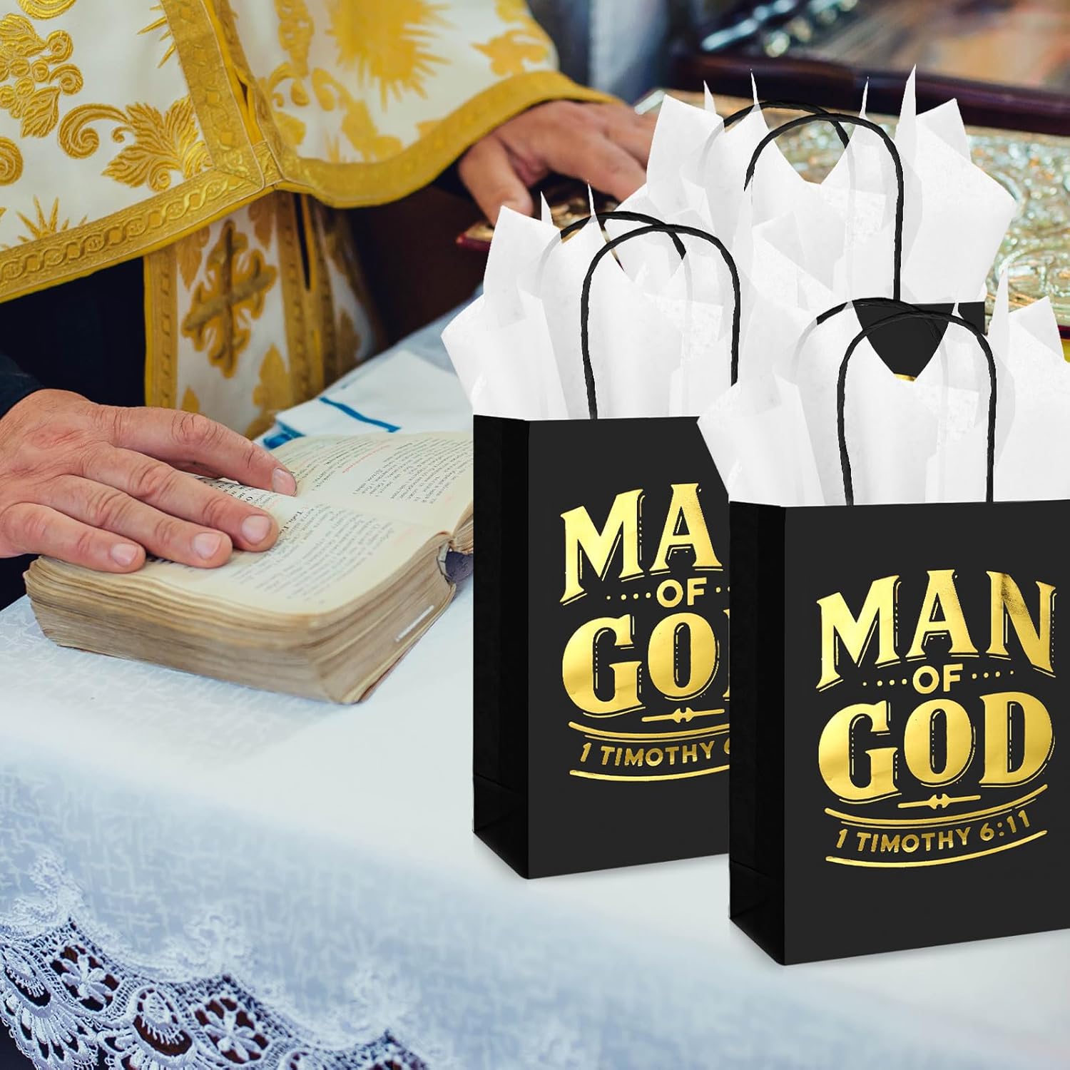 Sweetude 25 Set Christian Gifts Bags Bulk Man of God Church Bags with Tissue Paper Reusable Religious Man of God Treat Bag with Handles for Men Father Pastors
