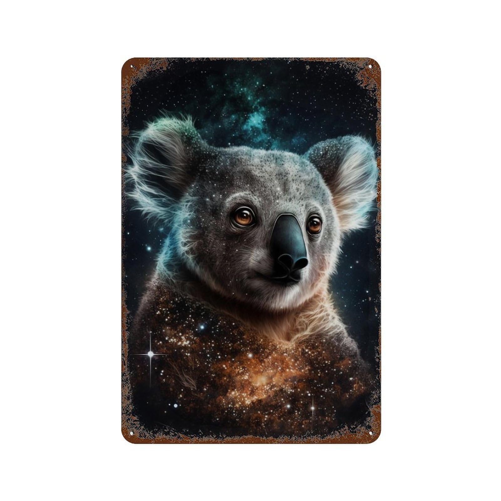 Garage Style Cosmic Koala Portrait Aged Metal Wall Plaque 11.8"x7.9", Old School Wall Decor for Bar And Workshop