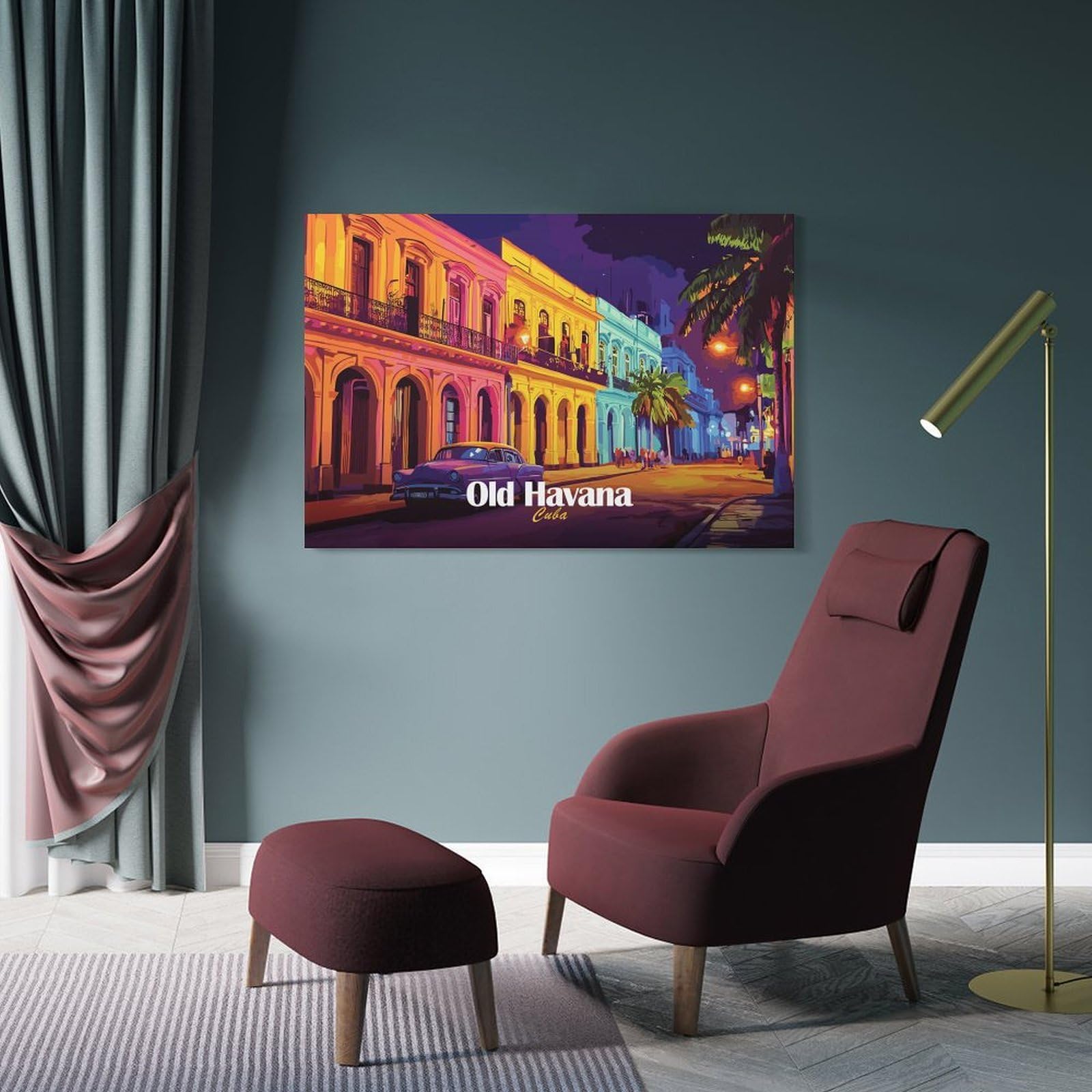 Junmoney Frame-Style-11-1 Old Havana Cuba Street Scene Wall Picture Print, 24X36inch(60X90cm), For Lounge, Study, Hallway Or Flat Walls, Canvas Wall Art That Fits Changing Layouts