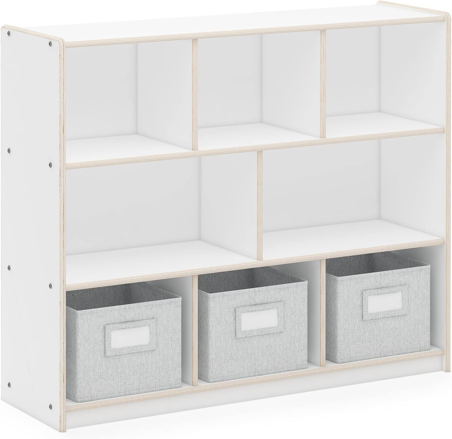 Guidecraft EdQ Three Shelf Compartment Storage White with 3 Fabric Bins: Wooden Bookshelf and Toy Organizer for Kids, Storage Unit for Homeschool and Classroom
