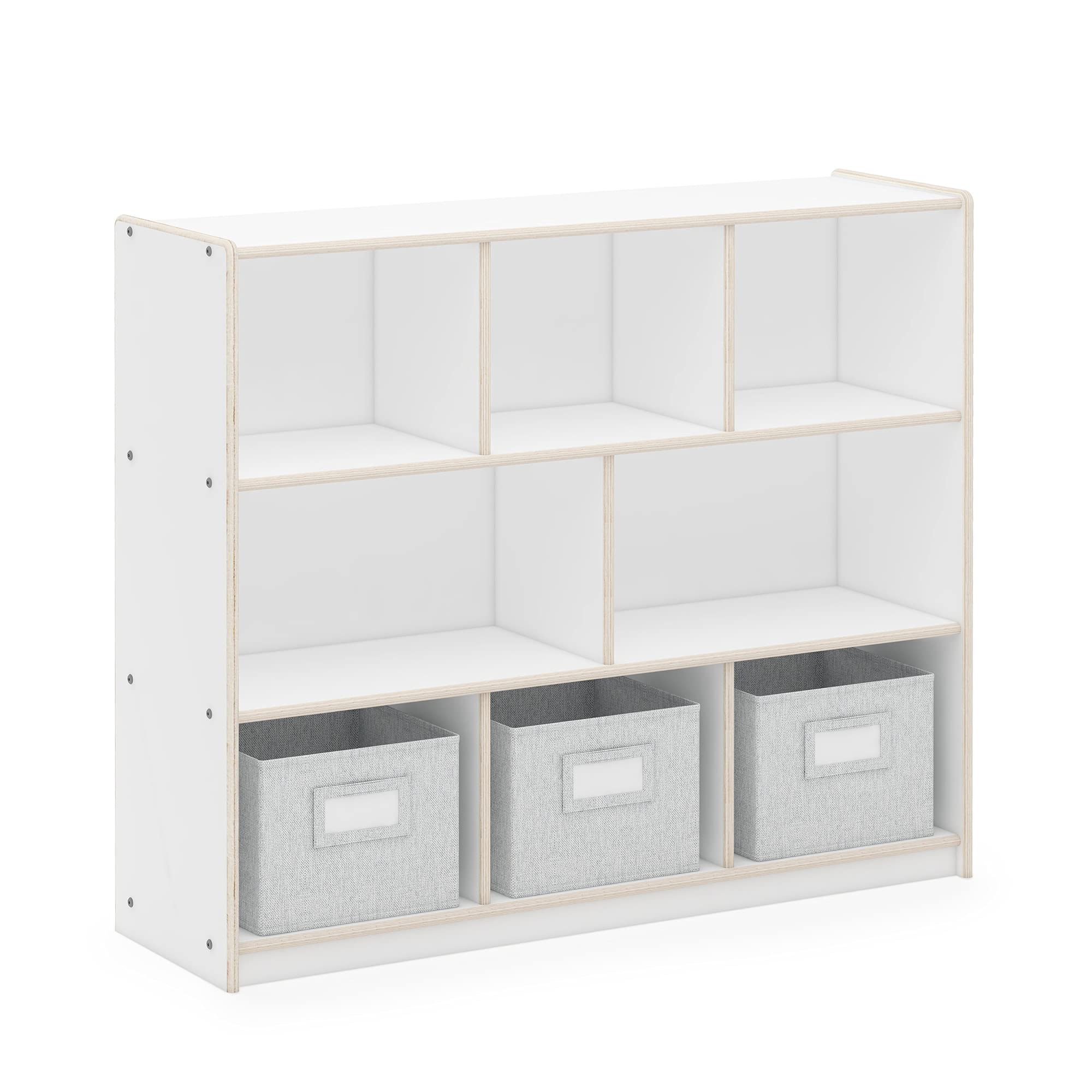 Guidecraft EdQ Three Shelf Compartment Storage White with 3 Fabric Bins: Wooden Bookshelf and Toy Organizer for Kids, Storage Unit for Homeschool and Classroom