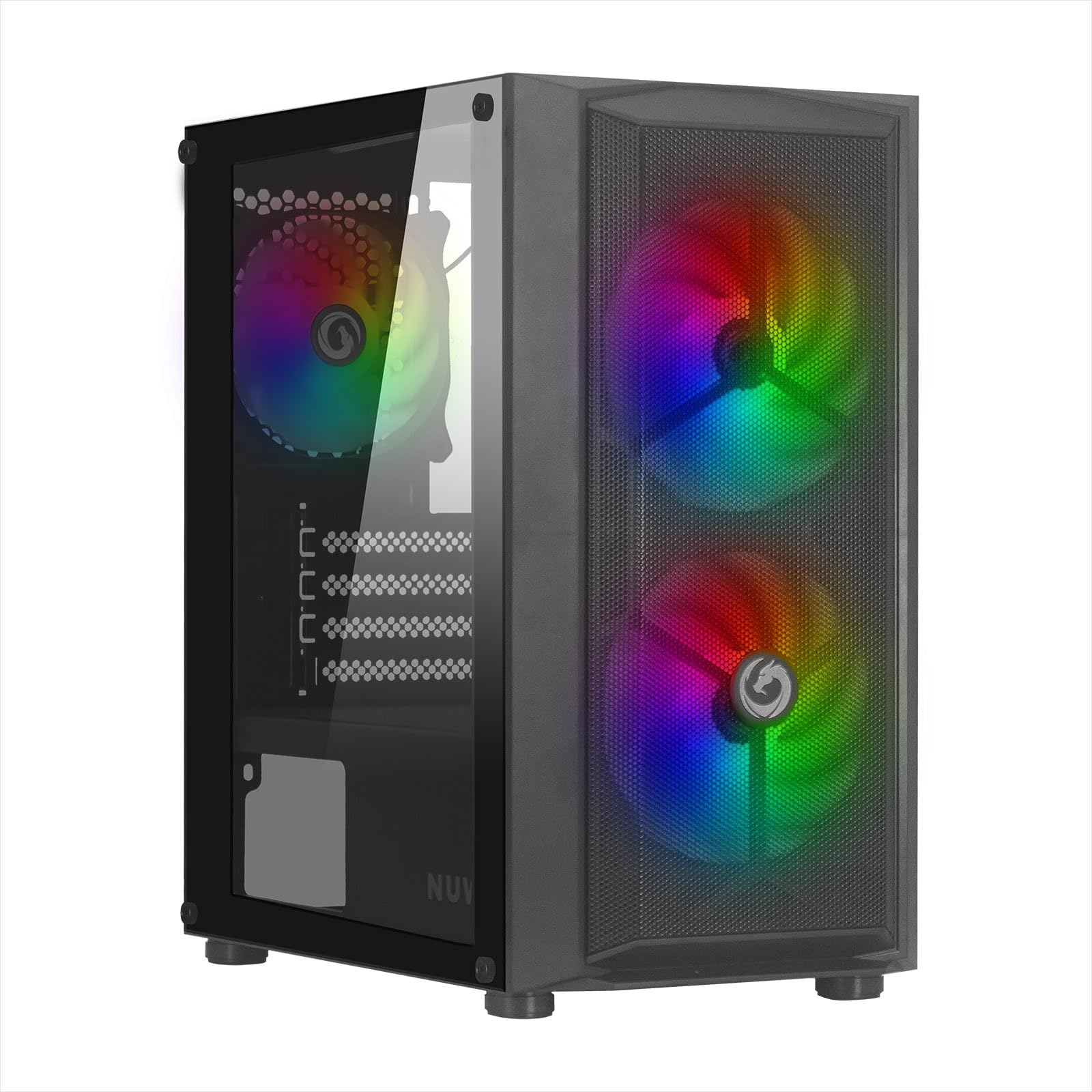 Nuwo Blitz R26 Nero Case Micro-ATX per PC Desktop Office Gaming Mini Tower 0.50MM SPCC 3 Ventole LED FRGB Illuminazione Arcobaleno Fissa Pannello Laterale in Vetro Temperato (AxPxL: 390x346x200 mm)